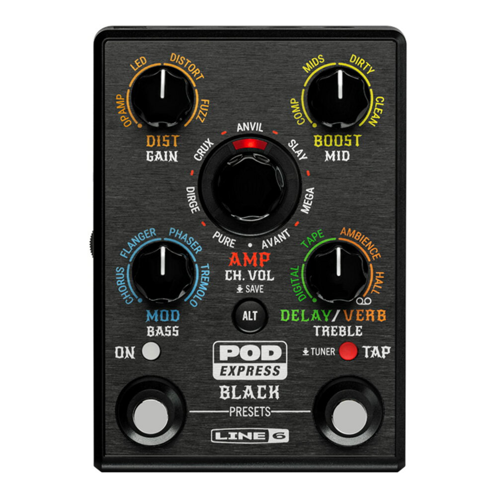 トピックスショッピングクレジット分割48回払いまで金利手数料0%！期間限定 2026年2月28日まで30,000円（税込）以上のお買い物が対象となります。本キャンペーンはクレジットカードでのお支払いは対象外となります。詳しくはお問い合わせください。アイテム説明ハイゲインを素早く手元に。POD? Express Blackは、クラシックでモダンなハイゲイン・トーンを求めるギタリストに、アンプとエフェクトが搭載されたコンパクトで簡単に持ち運びができるツールボックスを提供します。ユーザーフレンドリーなインターフェイスが直感的なサウンド・メイキングを可能にし、そのサウンドはLine 6のフラッグシップ製品であるHelixから継承されています。電池駆動とヘッドフォン出力により、どこでもプレイすることできます。 2基のフットスイッチ (タップ/チューナー)、1/4” ステレオ出力、4イン/4アウトUSBオーディオ・インターフェース機能を備えたPOD Express Blackは、持ち運びからデスクトップまで幅広い用途に対応し、ステージ上でのライブでも活躍することでしょう。【主な特長】■超ポータブルコンパクトなサイズとバッテリー電源オプションにより、ギタリストやベーシストはPOD Expressデバイスをどこにでも持ち運ぶことができます。■シンプルな操作性非常に簡単にアンプとエフェクトを選択し使用でき、設定を変更するにはそれぞれのパラメーターに対応したノブを調整するだけです。■優れたサウンド・クオリティPOD Expressデバイスは、HX? ファミリーから継承したモデルが搭載されており、優れたサウンド・クオリティを実現します。これらには、それぞれ7種類のアンプ/キャビネット、ルーパーを含む17種類のエフェクトが含まれます。■電源POD Expressデバイスは、単三電池3本（付属）、またはオプションの9V電源アダプターで動作します。■ステレオ出力L/Rメイン出力を、ステレオ・アンプまたはパワード・スピーカー、2台のモノラル・アンプまたはパワード・スピーカー、もしくはステレオ入力を備えたレコーディング機器の入力に接続することで、意図したとおりのステレオ・エフェクトを聴くことができます。■フットスイッチ本体のフットスイッチを使用して、アンプ/エフェクトの操作やプリセットの変更、タイムベース・エフェクトのテンポ同期、内蔵チューナーの起動が可能です。■ヘッドフォン3.5mmステレオ・フォンジャックにヘッドフォンを接続して、練習や録音が可能です。■USB＆レコーディングPOD Expressデバイスをコンピューターやモバイル・デバイスに接続し、ポータブル・オーディオ・インターフェースとして使用できます。■外部コントロール外部のエクスプレッション・ペダルを接続してボリュームをコントロールしたり、割り当て可能な2台の外部フットスイッチ、または1台のペダルと1台のフットスイッチを接続することができます。■POD Express EditPOD Express Editは、必要なときにいつでも、より細かいトーン編集とプリセット管理を可能にします。スペック■シンプルな操作性で素早く簡単にトーンを作成可能■HXクオリティの優れたサウンドとフィール■厳選されたクラシック/モダンなハイゲイン・サウンド■7種類のアンプ、7種類のキャビネット、ルーパーを含む17種類のエフェクト■ステレオ・メイン出力、ステレオ・ヘッドフォン出力■レコーディング、モニタリング、リアンプが可能なUSB-C オーディオ・インターフェース機能■PC(Mac, Windows)、タブレット(iOS, Android)対応の無償エディター「PODExpress Edit」■オプションのエクスプレッションペダル、または2台の外部フットスイッチを接続可能■外形寸法：92 mm(W) x 130 mm(D) x 56 mm(H)■重量：350g納期について売却時は迅速に商品情報の削除を心掛けておりますが、ショッピングページの更新までにタイムラグが生じ、ご注文のタイミングによっては商品のご用意ができない場合がございます。あらかじめご了承くださいますようお願い申し上げます。最強配送対象商品以外、納期のご確認はご注文前に「商品についての問合わせ」よりお問い合わせください。