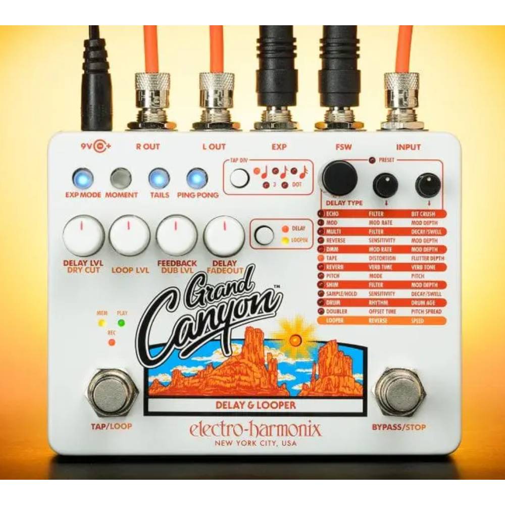 トピックスショッピングクレジット分割48回払いまで金利手数料0%！期間限定 2026年5月31日まで30,000円（税込）以上のお買い物が対象となります。本キャンペーンはクレジットカードでのお支払いは対象外となります。詳しくはお問い合わせください。アイテム説明EHX Grand Canyonは、Electro-Harmonixの最も先進的な多機能ディレイ＆ルーパーペダルです。12種類のエフェクトタイプに加え、Grand Canyonのエフェクトを録音およびオーバーダビングできるフル機能のルーパーを搭載していますこのペダルは、優れた音質、最大3秒のディレイタイム、タップテンポと9段階のタップディバイド設定、ステレオ出力、13種類のプリセット、プログラム可能なEXPペダル設定、ソフトスイッチングによる高品質なアナログバイパスなどを備えています。Grand Canyonの13モードは以下の通りです。1. ECHO ? ビット クラッシュ/サンプル レート リダクションとロー/ハイパス フィルタリングが可能な、純度の高い 24 ビット デジタル ディレイ2. MOD ? モジュレーション ディレイ。豊かなフランジャー、コーラス、ビブラート、ワーブルなどを生み出します3. MULTI ? マルチタップ ディレイ。エコー リピート数を最大 31 まで正確に設定できます。リピートには、調整可能なスウェルまたはディケイ ボリューム エンベロープが含まれます。 4. REVERSE ? リバース ディレイ。インテリジェントなピック検出アルゴリズムを搭載した使いやすいリバース ディレイで、素晴らしいリバース エコーを実現します5. DMM ? Deluxe Memory Man。EHX の伝説的なバケット ブリッジ ディレイ ペダルの艶やかなトーンを再現します 6. TAPE ? テープ ディレイ。テープ ディストーション、ワウ フラッターを含むアナログ テープ エコー マシンのオーガニックなサウンドをシミュレートしますディレイなしの純粋なリバーブとしても使用可能8. PITCH ? EHX の高く評価されているポリフォニック ピッチ シフティングとデジタル ディレイにより、ピッチシフトされたエコーとカスケード エコー リピートが得られます9.SHIM ? Shimmer により、豊かなオクターブ シフトがかかったきらめくサウンドスケープが生成されます10. SAMPLE/HOLD ? サンプル アンド ホールド。演奏されている音を感知し、次の音が検出されるまでエコーを無限に生成します11. DRUM ? クラシックな Binson Echorec? スタイルのディレイを忠実にエミュレートするマグネティック ドラム エコー。音楽的でリズミカルなエコー パターンを作成できるさまざまな再生ヘッド構成を備えています12. DOUBLE ? モノラル信号を厚くしたり、ステレオの広がりを作成したりできます。左右の出力のデチューンとディレイ時間のオフセットが含まれます13. LOOPER ? 最長 16 分の録音時間が可能なルーパー。無制限のオーバーダブ、元に戻す/やり直し、専用の停止ボタン、ループフェードアウト、逆再生、速度調整が含まれます。[商品仕様]回路：デジタルバイパス：バッファードバイパスオーディオ：ステレオ電源：9.6VDC-200mA電源アダプター付属寸法（インチ）：4.75 x 3.9 x 2.5消費電流：150mA納期について売却時は迅速に商品情報の削除を心掛けておりますが、ショッピングページの更新までにタイムラグが生じ、ご注文のタイミングによっては商品のご用意ができない場合がございます。あらかじめご了承くださいますようお願い申し上げます。最強配送対象商品以外、納期のご確認はご注文前に「商品についての問合わせ」よりお問い合わせください。