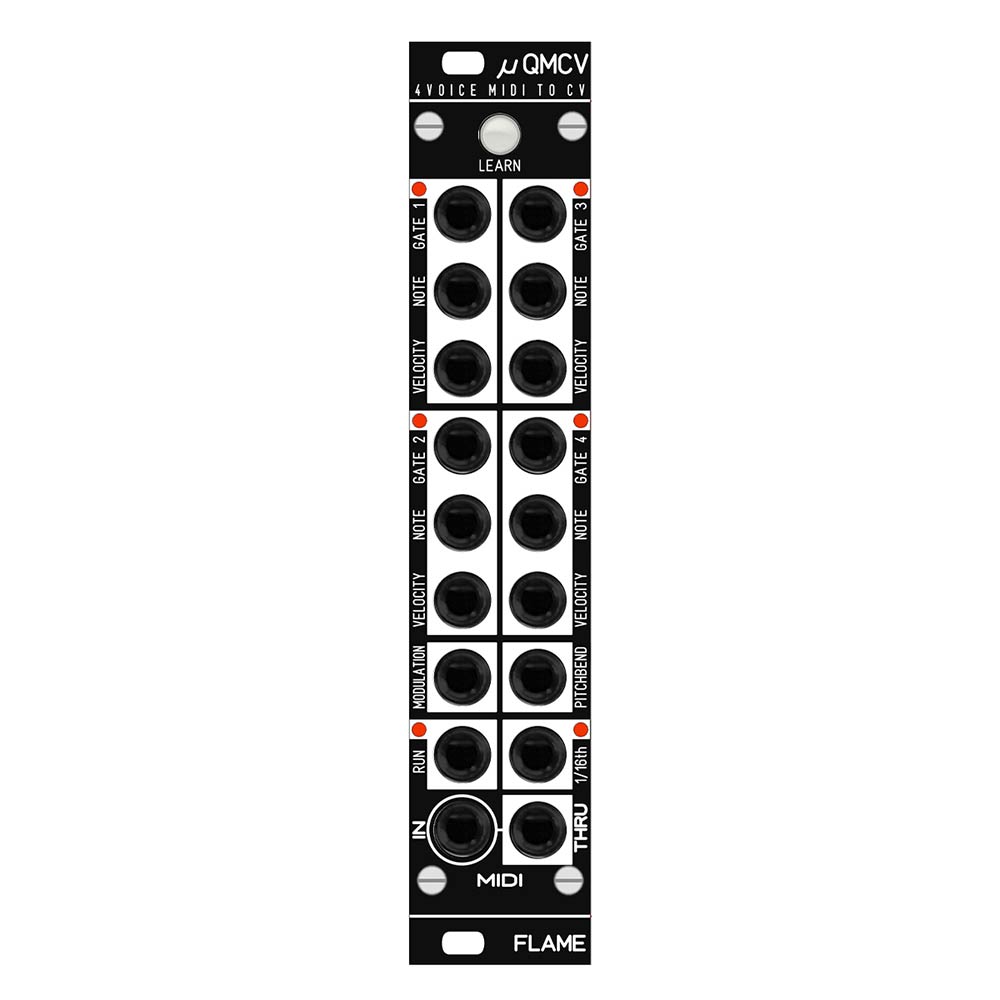 トピックスショッピングクレジット分割48回払いまで金利手数料0%！期間限定 2026年2月28日まで30,000円（税込）以上のお買い物が対象となります。本キャンペーンはクレジットカードでのお支払いは対象外となります。詳しくはお問い合わせください。アイテム説明μQMCV は最大4ボイスのコンパクトな MIDI-to-CV インターフェース・モジュールです。モジュレーションやピッチベンド用の CV 出力、RUN クロックと 16th クロック用の2つの MIDI クロック出力を搭載しています。出力可能なノートの範囲は8オクターブです。MIDI インターフェース機能はマルチモードに対応しており、個々のボイスをグループ内の定義されたモードで異なる MIDI チャンネル上で別々に使用することができます。例えばボイス1?3を1つの MIDI チャンネルで3ボイスで使用し、残りのボイス4を別の MIDI チャンネルでモノフォニックで使用することができます。ポリフォニック・ボイスのアサインには "ラウンド・ロビン※"というアルゴリズムを採用しています。※「常に次に使用可能なボイスが選択される」アルゴリズム。例 : 一つのノート・トリガーを保持するとボイス1が割り当てられ、そのまま他のノートを次々にトリガーするとボイス2,3,4,2,3,4,2,3...と、順番にボイスが切り替わる。μQMCV は MIDI キーボードの LEARN 機能、またはコンピュータの SYSEX データを使ってプログラムすることができます。このモジュールには2つの MIDI ジャック（TRS-B 規格のミニジャック）INPUT と THRU があります。MIDI-IN で受信したデータは、MIDI-THRU へと転送されて出力します。ここに追加の MIDI モジュールを接続して使用することもできます。※本製品には TRS MIDI ケーブルは付属していません。DIN 5 Pin MIDI ケーブル（一般的な MIDI ケーブル）を使用する場合は別途変換アダプター（TRS-B 規格）をご用意ください。スペック■幅：5HP■奥行き：40mm■消費電流　+12V : 70mA　-12V : 20mA■備考：MIDI IN, THRU は MIDI TRS-B standard です。納期について売却時は迅速に商品情報の削除を心掛けておりますが、ショッピングページの更新までにタイムラグが生じ、ご注文のタイミングによっては商品のご用意ができない場合がございます。あらかじめご了承くださいますようお願い申し上げます。あす楽対象商品以外、納期のご確認はご注文前に「商品についての問合わせ」よりお問い合わせください。