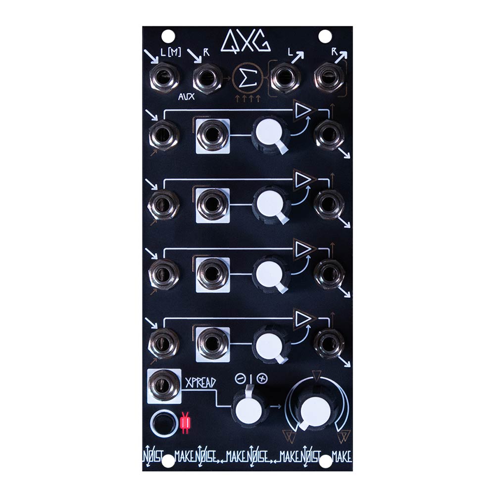 トピックスショッピングクレジット分割48回払いまで金利手数料0%！期間限定 2026年2月28日まで30,000円（税込）以上のお買い物が対象となります。本キャンペーンはクレジットカードでのお支払いは対象外となります。詳しくはお問い合わせください。アイテム説明QXG は、4 チャンネルのステレオ・ローパスゲート兼ミキサーです。DXG と同様に、QXG はバクトロールを使用しない新しいローパスゲート回路を使用しています。この回路は 100% アナログで、Make Noise が長年かけて作りあげて来たすべてのバクトロール・ローパスゲートの期待に応えるかそれを上回ることを目指して、数か月に及ぶ調整を経て完成しました。さらに、QXG には「バクトロール・ボタン」が備わっており、ローパスゲートの応答速度を切り替え可能です。ON：バクトロールの減衰時間を再現した、ローパスゲートらしい緩やかな応答OFF：やわらかなフィルタ特性を保ちつつ、素早く正確な応答高速応答は、PoliMATHS の OSC 回路などで生成される、複雑かつ素早く変化するモジュレーションと組み合わせる際に有効です。また QXG には、電圧制御可能なステレオ・スプレッドを備えたステレオ SUM 出力も搭載されており、4つのチャンネルすべてをステレオ・フィールド全体に素早くルーティングすることができます。各チャンネルには独立した出力端子もあり、そこにパッチするとSUMからは除外されます。さらに、PoliMATHS や MultiWAVE からの出力を内部接続するためのシグナル／コントロール入力ヘッダーも搭載しています。FEATURES・New Universal Synthesizer System に対応した設計・4チャンネル・ローパスゲート・バクトロール不使用でクラシックなLPGサウンドを再現・「バクトロール・ボタン」で Fast／Slow レスポンスを選択可能・Xpread パラメータ による4チャンネルの信号をステレオ展開・ステレオ AUX IN を備えたサミング段で複数ユニットをチェーン可能、大規模なミックスを実現・各チャンネルは独立アウトにパッチすると SUM 出力から除外・MultiMod、PoliMaths と連携するよう設計・PoliMaths に QXG を2台チェーンすることで、8チャンネルの振幅制御(VCAコントロール)を即時に実現[仕様]幅：12HP奥行き：43mm消費電流：+12V : 65mA / -12V : 75mA納期について売却時は迅速に商品情報の削除を心掛けておりますが、ショッピングページの更新までにタイムラグが生じ、ご注文のタイミングによっては商品のご用意ができない場合がございます。あらかじめご了承くださいますようお願い申し上げます。最強配送対象商品以外、納期のご確認はご注文前に「商品についての問合わせ」よりお問い合わせください。