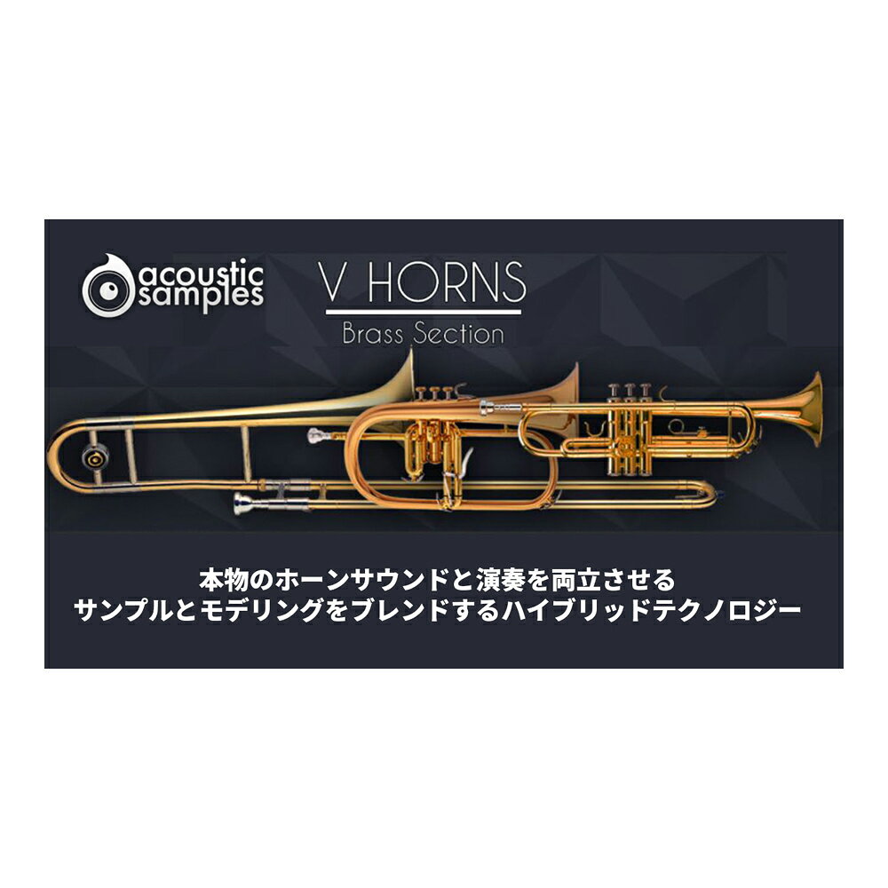 トピックスショッピングクレジット分割48回払いまで金利手数料0%！期間限定 2026年11月30日まで30,000円（税込）以上のお買い物が対象となります。本キャンペーンはクレジットカードでのお支払いは対象外となります。詳しくはお問い合わせください。アイテム説明VHornsは、AcousticSamplesの悲願でもあったリアルなソロブラス音源です。その根幹は長年培ってきたサンプリング技術と最新のUVIエンジンに装備されたモデリング処理の融合にあります。すでに鍵盤楽器音源で培われてきた同社のこのハイブリッド技術に、様々な管楽器の音源化に際する問題点を克服したのがV Hornsです。それ故にソロ楽器ながら、アンサンブルの構築も可能で、ユーザーが自由に自分のブラスセクションを構築できる画期的な音源です。アンサンブルV Hornsは、複数のパートに立ち上げて同時に演奏をした際、正確にユニゾンされます。AcousticSamplesでは、楽器の響きのバリエーションや一定間隔のトランスポーズなど、MIDIによるアンサンブル演奏のためにいくつかの優れた機能を加えました。例えば、6つの楽器を異なるトランスポジションに設定しつつも、同じCマイナースケールで演奏をすることが可能です。この際、演奏をするキーボードのノート位置を気にする必要はありません。全てがキーに沿って発音します。V Hornsでのアンサンブル演奏は簡単です。概要ビデオを参考に、いくつかのMIDI設定をするだけです。1- 希望するハーモニーの間隔にトランスポーズを設定します。2- 楽器のスケール(音階)とルートキーを設定します。このことで、トランスポーズの位置に関係なく、決められ音階で発音をします。例えば、Cメジャーに設定した場合、どうトランスポーズをしても、Cメジャーに従った音のみが発音されます。3- タイミング設定で、新規ノート入力タイミングがランダム化されます。このことによって複数のミュージシャンが実際に演奏をする雰囲気を再現します。どんなに優れた奏者でも全員が完全に同じタイミングで演奏することは現実の世界ではありえないことです。V Hornsによる演奏をさらに説得力のあるものにしたい場合、以下のヒントを参考に設定を追加します:・エアーとピッチの自然変化を高めに設定し、ランダマイズを有効にします。・同じ楽器を複数使用する場合は、ラウンドロビンを有効にします。・ベロシティに関するパラメーターのランダマイズを有効にして、ベロシティに変化を加えます。・フラッタートランジションの設定とランダマイズの有効もお忘れなく。・最も重要な要素はピッチで、Note Pitch Imprecisionの設定値を上げて、ラダマイズを有効にします。これらの設定を全て行うと、響きのバリエーションが豊富になります。それでも不十分と感じる場合、更に説得力を持たせるには、2つのMIDIファイルを用意し、それぞれのノート位置とエアフローコントロールを僅かに違えることで、より豊かでリアルなアンサンブルを構築できます。また、設定した変化をより多く生かすには、演奏を2回以上再生(書出)します。お得なバンドルと、必要な楽器をチョイスできる単品ラインナップVHornsはトランペット、トロンボーン、フリューゲルホルンの3製品に、これらをバンドルセットにしたお得なブラスセクション版を用意しました。各音源に異なる響きの2つの楽器を用意しました。バンドルセットでは全部で6つの楽器がバンドルされます。VHorns金管楽器セクションには、トランペット2つ、トロンボーン2つ、フリューゲルホルン2つという6つの楽器が含まれています。それぞれに異なるトーンがあり、異なるプレーヤーによって録音されました。このバーチャル楽器の裏側この楽器の肝は実際の楽器の響きとフィールを再現するハイブリッド構造です。AcousticSamplesは創業以来、実存する楽器のバーチャル化に勤めてきたメーカーです。そのあくなき探究は、音源エンジンを変えるほどで、プログラミングにおいて開発環境を変えることはとても勇気が必要なことです。現在は業界最高の音質を誇るUVIエンジンを採用し、これまで培ってきた経験と最新技術を融合して生まれたのがV Hornsです。AcousticSamplesは長い間、ブラス音源のプロジェクトを臨んできました。(遡ること2012年に最初の収録をしたのが、その始まります。)しかし乗り越えなければならない障壁が多く、その実現が現在に至りました。例えば、気流をコントロールするためのキースイッチを用意するだけで膨大になり、実用的ではありません。そういったことを解決するのに時間を要しました。そして近年、AcousticSamplesが取り込んできたサンプルとモデリングのハイブリッド技術によって、多くの問題を克服に成功しました。そして、両方の優位点を生かしたシンプルな演奏で、本物と違わない響きを実現しました。すでに存在するGiorgio Tommasini博士とSamplemodelingによるハーモニックアライメントのアプローチを基に、AcousticSamplesは新しい技術アプローチ:HAT(Harmonic Alignment Technology /ハーモニック・アライメント・テクノロジー)を開発しました。この技術によって、非常に柔らかい響きから大きく力強い演奏まで、音色の変化を正確に再現します。この独自開発された技術では、サウンドソースにサンプルを使用し、響きの変化や最適化にモデリングを組み合わせます。このことで、V Hornsは1つの楽器につき、約90MBのコンパクト容量を実現します。しかも音源に使用するグラフィックスやプリセットも含まれています。不完全さ故のホーン楽器の響きの生々しさを、指先タッチの応答によるリアル演奏を可能にした画期的なホーン楽器音源です。こうして完成したV Hornsを現在、最も簡単かつリアルなVSTホーン楽器音源としてお届けします。開発をした我々がそうであった様に恐らく、実際の楽器とV Hronsの響きの違いを聴き分けられないと思います。実際の演奏とV Hornsでそれを再現したデモをご用意しました。ぜひご自身の耳でご確認ください。動作環境製品は、ロスレスFlac形式で圧縮された412MB(トランペット=180MB、トロンボーン=122MB、フリューゲルホルン=107MB)のサンプルサイズ容量になります。この製品は、UVI社が無償提供する最新版のUVI Workstation(WindowsまたはmacOS)で動作します。動作環境はUVI Workstationに依存するため、メーカーサイトでご確認ください。注意:すべて64bitプラグイン形式:Audio Units、AAX、VST、スタンドアロン随所にこだわりを感じる妥協なき再現性と便利機能本物響き、本物表現独自のHAT(Harmonic Alignment Technology /ハーモニック・アライメント・テクノロジー)による、従来のアプリーチよりさらに一歩進んだ処理により、これまでのブラス音源の位相問題を完全克服シンプル操作、リアル演奏 管楽器は管に空気を送って音を発生させる楽器です。これに倣って、V Hornsの演奏はノート入力に加え、エアフローコントロールで、発音をします。鍵盤を押さえて、空気量を操作するだけで、実際の管楽器演奏を再現します。1音源に2つの楽器 重ねた際に異なる響きや自然なバリエーションを演出するために、1つの音源に2つの異なる奏者による音源サンプルを用意しました。自然さを演出する様々なパラメーター ほとんど操作不要のV Hornsですが、より細かな表現を必要とする上級者のためのパラメーターを多数用意しました。その多くはリアルタイム操作対応、自然さを生み出すランダマイズ機能も様々な要素で用意されています。ウィンドコントローラー対応 予め主要のウィンドコントローラー用の設定を用意しました。選択して少しだけの調整で、演奏できます。自由立ち位置、バーチャル空間 単なるステレオ収録では出ない奥行きを独自のバーチャル空間で完全再現します。ブラスセクションでのプレイヤーの立ち位置を含め、マルチマイクミキシングで、完璧に仕上げることができます。アンサンブルサポート ブラスアンサンブルで、アンサンブル音源に悩む必要はありません。V Hornsなら自分だけのブラスセクションが構築できます。必要な数を追加し、立ち位置の設定、ハーモニーとスケール、ルートキーを決めれば、完璧なアンサンブル演奏ができます。UVIエンジンの高品位エフェクトを装備 - スタジオ品位のエフェクトが用意されていますので、DAWに立ち上げることなく、ライブ演奏に臨むことが可能です。納期について売却時は迅速に商品情報の削除を心掛けておりますが、ショッピングページの更新までにタイムラグが生じ、ご注文のタイミングによっては商品のご用意ができない場合がございます。あらかじめご了承くださいますようお願い申し上げます。最強配送対象商品以外、納期のご確認はご注文前に「商品についての問合わせ」よりお問い合わせください。