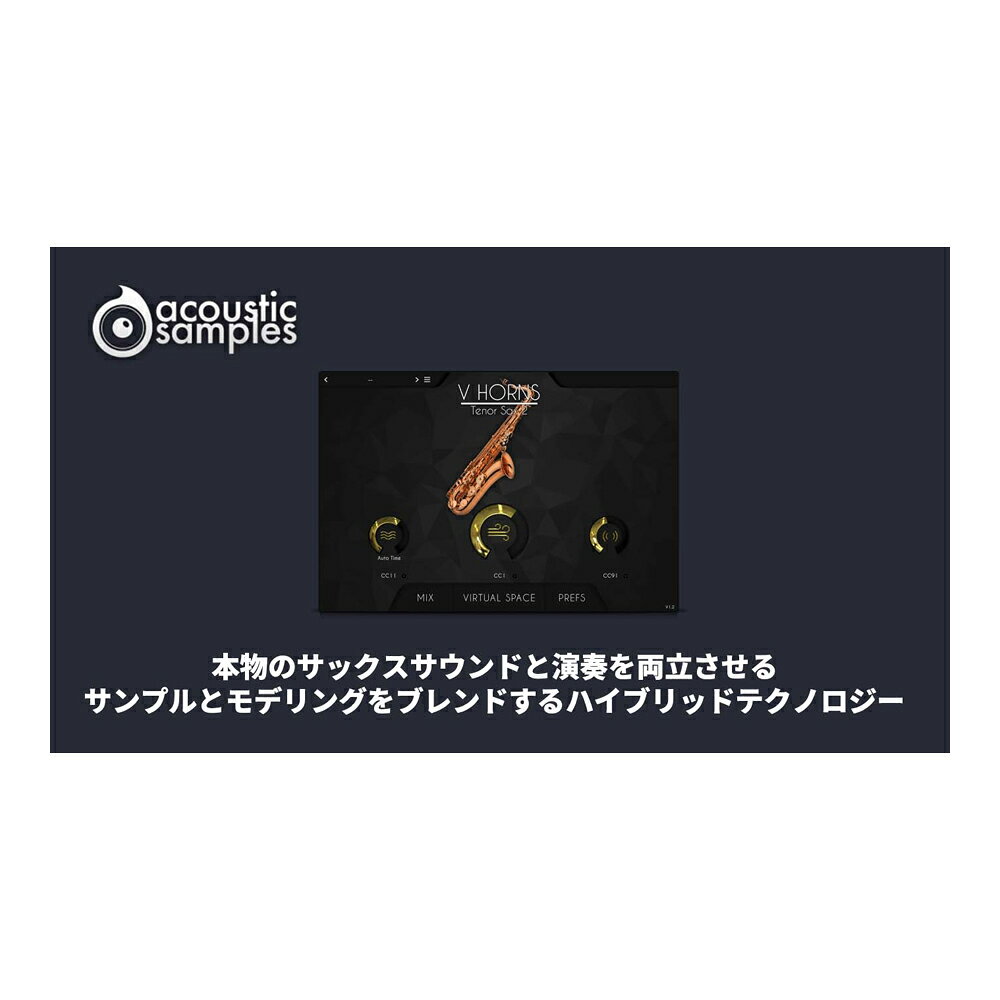 トピックスショッピングクレジット分割48回払いまで金利手数料0%！期間限定 2026年11月30日まで30,000円（税込）以上のお買い物が対象となります。本キャンペーンはクレジットカードでのお支払いは対象外となります。詳しくはお問い合わせください。アイテム説明サンプリングとモデリングの共演ふたたび!!VHorns Brass Sectionは、日本でもHAT (Acoustic Sample社独自のハーモニック アライメント テクノロジー) のおかげで、最もリアルなサックス プラグインです。これら 8 つのインストゥルメントは音源として実際のサンプルを使用し、更にモデリングで更に進化されており、最高レベルの信頼性と演奏性を提供します。このページは、VHorns Saxophonesの中のTenor Saxophoneのみの販売ページです。VHorns Saxophonesバンドルは別の販売ページになります。詳細はバンドルページをご参照ください。このバーチャル楽器の裏側この楽器の肝は実際の楽器の響きとフィールを再現するハイブリッド構造です。AcousticSamplesは創業以来、実存する楽器のバーチャル化に勤めてきたメーカーです。そのあくなき探究は、音源エンジンを変えるほどで、プログラミングにおいて開発環境を変えることはとても勇気が必要なことです。現在は業界最高の音質を誇るUVIエンジンを採用し、これまで培ってきた経験と最新技術を融合して生まれたのがV Hornsです。AcousticSamplesは長い間、ブラス音源のプロジェクトを臨んできました。(遡ること2012年に最初の収録をしたのが、その始まります。)しかし乗り越えなければならない障壁が多く、その実現が現在に至りました。例えば、気流をコントロールするためのキースイッチを用意するだけで膨大になり、実用的ではありません。そういったことを解決するのに時間を要しました。そして近年、AcousticSamplesが取り込んできたサンプルとモデリングのハイブリッド技術によって、多くの問題を克服に成功しました。そして、両方の優位点を生かしたシンプルな演奏で、本物と違わない響きを実現しました。すでに存在するGiorgio Tommasini博士とSamplemodelingによるハーモニックアライメントのアプローチを基に、AcousticSamplesは新しい技術アプローチ:HAT(Harmonic Alignment Technology /ハーモニック・アライメント・テクノロジー)を開発しました。この技術によって、非常に柔らかい響きから大きく力強い演奏まで、音色の変化を正確に再現します。この独自開発された技術では、サウンドソースにサンプルを使用し、響きの変化や最適化にモデリングを組み合わせます。このことで、V Hornsは1つの楽器につき、約90MBのコンパクト容量を実現します。しかも音源に使用するグラフィックスやプリセットも含まれています。不完全さ故のホーン楽器の響きの生々しさを、指先タッチの応答によるリアル演奏を可能にした画期的なホーン楽器音源です。こうして完成したV Hornsを現在、最も簡単かつリアルなVSTホーン楽器音源としてお届けします。開発をした我々がそうであった様に恐らく、実際の楽器とV Hronsの響きの違いを聴き分けられないと思います。実際の演奏とV Hornsでそれを再現したデモをご用意しました。ぜひご自身の耳でご確認ください。動作環境製品は、ロスレスFlac形式で圧縮された2つのテナー サックスで 203Mbのサンプルサイズ容量になります。この製品は、UVI社が無償提供する最新版のUVI Workstation3(WindowsまたはmacOS)で動作します。動作環境はUVI Workstationに依存するため、メーカーサイトでご確認ください。注意:すべて64bitプラグイン形式:Audio Units、AAX、VST、スタンドアロン随所にこだわりを感じる妥協なき再現性と便利機能本物響き、本物表現独自のHAT(Harmonic Alignment Technology /ハーモニック・アライメント・テクノロジー)による、従来のアプリーチよりさらに一歩進んだ処理により、これまでのブラス音源の位相問題を完全克服シンプル操作、リアル演奏 – 管楽器は管に空気を送って音を発生させる楽器です。これに倣って、V Hornsの演奏はノート入力に加え、エアフローコントロールで、発音をします。鍵盤を押さえて、空気量を操作するだけで、実際の管楽器演奏を再現します。1音源に2つの楽器 – 重ねた際に異なる響きや自然なバリエーションを演出するために、1つの音源に2つの異なる奏者による音源サンプルを用意しました。自然さを演出する様々なパラメーター – ほとんど操作不要のV Hornsですが、より細かな表現を必要とする上級者のためのパラメーターを多数用意しました。その多くはリアルタイム操作対応、自然さを生み出すランダマイズ機能も様々な要素で用意されています。ウィンドコントローラー対応 – 予め主要のウィンドコントローラー用の設定を用意しました。選択して少しだけの調整で、演奏できます。自由立ち位置、バーチャル空間 – 単なるステレオ収録では出ない奥行きを独自のバーチャル空間で完全再現します。ブラスセクションでのプレイヤーの立ち位置を含め、マルチマイクミキシングで、完璧に仕上げることができます。アンサンブルサポート – ブラスアンサンブルで、アンサンブル音源に悩む必要はありません。V Hornsなら自分だけのブラスセクションが構築できます。必要な数を追加し、立ち位置の設定、ハーモニーとスケール、ルートキーを決めれば、完璧なアンサンブル演奏ができます。UVIエンジンの高品位エフェクトを装備 - スタジオ品位のエフェクトが用意されていますので、DAWに立ち上げることなく、ライブ演奏に臨むことが可能です。納期について売却時は迅速に商品情報の削除を心掛けておりますが、ショッピングページの更新までにタイムラグが生じ、ご注文のタイミングによっては商品のご用意ができない場合がございます。あらかじめご了承くださいますようお願い申し上げます。最強配送対象商品以外、納期のご確認はご注文前に「商品についての問合わせ」よりお問い合わせください。