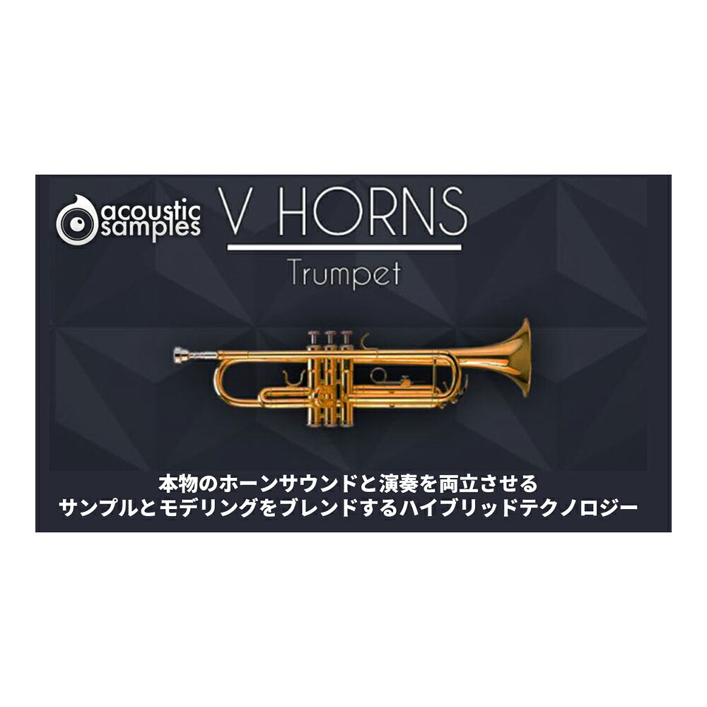 トピックスショッピングクレジット分割48回払いまで金利手数料0%！期間限定 2026年11月30日まで30,000円（税込）以上のお買い物が対象となります。本キャンペーンはクレジットカードでのお支払いは対象外となります。詳しくはお問い合わせください。アイテム説明新しいサンプルとモデリングを融合するテクノロジー(HAT)で生まれたトランペット音源VHornsは、AcousticSamplesの悲願でもあったリアルなソロブラス音源です。その根幹は長年培ってきたサンプリング技術と最新のUVIエンジンに装備されたモデリング処理の融合にあります。すでに鍵盤楽器音源で培われてきた同社のこのハイブリッド技術に、様々な管楽器の音源化に際する問題点を克服したのがV Hornsです。それ故にソロ楽器ながら、アンサンブルの構築も可能で、ユーザーが自由に自分のブラスセクションを構築できる画期的な音源です。アンサンブルV Hornsは、複数のパートに立ち上げて同時に演奏をした際、正確にユニゾンされます。AcousticSamplesでは、楽器の響きのバリエーションや一定間隔のトランスポーズなど、MIDIによるアンサンブル演奏のためにいくつかの優れた機能を加えました。例えば、6つの楽器を異なるトランスポジションに設定しつつも、同じCマイナースケールで演奏をすることが可能です。この際、演奏をするキーボードのノート位置を気にする必要はありません。全てがキーに沿って発音します。V Hornsでのアンサンブル演奏は簡単です。概要ビデオを参考に、いくつかのMIDI設定をするだけです。1- 希望するハーモニーの間隔にトランスポーズを設定します。2- 楽器のスケール(音階)とルートキーを設定します。このことで、トランスポーズの位置に関係なく、決められ音階で発音をします。例えば、Cメジャーに設定した場合、どうトランスポーズをしても、Cメジャーに従った音のみが発音されます。3- タイミング設定で、新規ノート入力タイミングがランダム化されます。このことによって複数のミュージシャンが実際に演奏をする雰囲気を再現します。どんなに優れた奏者でも全員が完全に同じタイミングで演奏することは現実の世界ではありえないことです。V Hornsによる演奏をさらに説得力のあるものにしたい場合、以下のヒントを参考に設定を追加します:・エアーとピッチの自然変化を高めに設定し、ランダマイズを有効にします。・同じ楽器を複数使用する場合は、ラウンドロビンを有効にします。・ベロシティに関するパラメーターのランダマイズを有効にして、ベロシティに変化を加えます。・フラッタートランジションの設定とランダマイズの有効もお忘れなく。・最も重要な要素はピッチで、Note Pitch Imprecisionの設定値を上げて、ラダマイズを有効にします。これらの設定を全て行うと、響きのバリエーションが豊富になります。それでも不十分と感じる場合、更に説得力を持たせるには、2つのMIDIファイルを用意し、それぞれのノート位置とエアフローコントロールを僅かに違えることで、より豊かでリアルなアンサンブルを構築できます。また、設定した変化をより多く生かすには、演奏を2回以上再生(書出)します。このバーチャル楽器の裏側この楽器の肝は実際の楽器の響きとフィールを再現するハイブリッド構造です。AcousticSamplesは創業以来、実存する楽器のバーチャル化に努めてきたメーカーです。そのあくなき探究は、音源エンジンを変えるほどで、プログラミングにおいて開発環境を変えることはとても勇気が必要なことです。。定評のバーチャルピアノ、ギターを始め数十の高品位サンプリング音源をリリースしてきたAcousticSamplesは、次の一歩としてサンプリングとモデリングの融合に着手しました。一般的にモデリングはリアルと言われるが、本物の響きという点ではサンプリングの方に軍配が上がります。モデリングは演奏タッチによる無段階の変化(そしてカスタマイズ性)に優れる一方、CPUリソースの消費という点でもサンプリングの後塵を受けます。しかし、サンプリングにはサンプルを使用するため、ディスク容量の消費問題が常に付き纏います。両方の利点を最大限に生かし、それぞれの弱点を最小限に抑えたのが、AcousticSamplesのハイブリッド構造です。この考え方はAcousticSamples独自のものではありませんが、それまで技術では妥協が余儀なく強いられ、サウンド面や演奏面でサンプリングを超えられませんでした。業界最高峰と評されるUVIエンジンもまた、日々進化し続け、遂にAcousticSamplesが妥協することの無いハイドリッド仕様のバーチャル楽器の再現に耐えられるようになりました。動作環境製品は、ロスレスflac形式で圧縮された180Mbのサンプルサイズ容量となります。この製品は、UVI社が無償で提供しているUVI WorkStation(Windows、MacOS)を使って動作します。動作環境はUVI WorkStationに依存するため、メーカーサイトでご確認ください。注意:すべて64bitプラグイン形式:Audio Units、AAX、VST、スタンドアロン随所にこだわりを感じる妥協なき再現性と便利機能本物響き、本物表現独自のHAT(Harmonic Alignment Technology /ハーモニック・アライメント・テクノロジー)による、従来のアプリーチよりさらに一歩進んだ処理により、これまでのブラス音源の位相問題を完全克服シンプル操作、リアル演奏 – 管楽器は管に空気を送って音を発生させる楽器です。これに倣って、V Hornsの演奏はノート入力に加え、エアフローコントロールで、発音をします。鍵盤を押さえて、空気量を操作するだけで、実際の管楽器演奏を再現します。1音源に2つの楽器 – 重ねた際に異なる響きや自然なバリエーションを演出するために、1つの音源に2つの異なる奏者による音源サンプルを用意しました。自然さを演出する様々なパラメーター – ほとんど操作不要のV Hornsですが、より細かな表現を必要とする上級者のためのパラメーターを多数用意しました。その多くはリアルタイム操作対応、自然さを生み出すランダマイズ機能も様々な要素で用意されています。ウィンドコントローラー対応 – 予め主要のウィンドコントローラー用の設定を用意しました。選択して少しだけの調整で、演奏できます。自由立ち位置、バーチャル空間 – 単なるステレオ収録では出ない奥行きを独自のバーチャル空間で完全再現します。ブラスセクションでのプレイヤーの立ち位置を含め、マルチマイクミキシングで、完璧に仕上げることができます。アンサンブルサポート – ブラスアンサンブルで、アンサンブル音源に悩む必要はありません。V Hornsなら自分だけのブラスセクションが構築できます。必要な数を追加し、立ち位置の設定、ハーモニーとスケール、ルートキーを決めれば、完璧なアンサンブル演奏ができます。UVIエンジンの高品位エフェクトを装備 - スタジオ品位のエフェクトが用意されていますので、DAWに立ち上げることなく、ライブ演奏に臨むことが可能です。納期について売却時は迅速に商品情報の削除を心掛けておりますが、ショッピングページの更新までにタイムラグが生じ、ご注文のタイミングによっては商品のご用意ができない場合がございます。あらかじめご了承くださいますようお願い申し上げます。最強配送対象商品以外、納期のご確認はご注文前に「商品についての問合わせ」よりお問い合わせください。