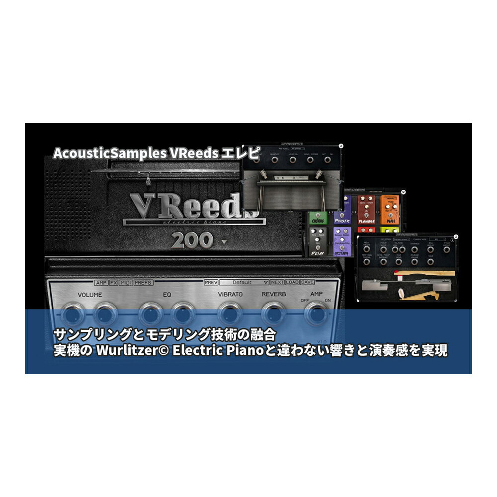 トピックスショッピングクレジット分割48回払いまで金利手数料0%！期間限定 2026年11月30日まで30,000円（税込）以上のお買い物が対象となります。本キャンペーンはクレジットカードでのお支払いは対象外となります。詳しくはお問い合わせください。アイテム説明ピュアなWurlitzer®の響き、妥協のないプレイアビリティVReedsは200と200A、2つのWurlitzerピアノをベースにした最新型のバーチャル楽器です。サンプリングの持つ本物の質感と響き、モデリングの利点であるリアルな変化とフィール、そして自由なカスタマイズ性、これまでの弱点ほぼ払拭した極上のバーチャルウーリッツァピアノです。日本語マニュアル付属!!随所にこだわりを感じる妥協なき再現性と便利機能モジュレーション波形から聞き具合まで、モデル200のビブラート回路を完璧再現しました。さらにビブラートスピードを調節可能にした一般的な改造の完全再現やEQも追加しました。完全で多彩なアンプシミュレート – DI以外のアンプ + スピーカーサウンドのマイク収録も再現し、モデル200、モデル206A、ローズピアノのアンプ、ツインリバーブと選択肢も豊富です。実機にはない機能 #1 -ビブラートのスピード調節ができます。実機にはない機能 #2 - ビブラート/トレモロのホストシンク(テンポと合致した変化)が可能です。実機にはない機能 #3 – 専用のトーンコントロールが増設されています。自由な改造 - 実機所有者の醍醐味である好みに合わせた改造も可能。スクリュードライバーもハンダコテも要りません。いくら改造しても元に戻せます。自由なタッチ調節 - 鍵盤奏者のこだわりは鍵盤タッチにあります。そして楽器1つ1つに固有のタッチとフィールがあり、演奏を大きく左右します。専用の設定画面で、キーボード側の設定を変えることなく、VReeds上で(数回の打鍵で)最適なタッチに調節可能です。UVIエンジンの高品位エフェクトを装備 - スタジオ品位のペダルエフェクトが用意されていますので、DAWに立ち上げることなく、ライブ演奏に臨むことが可能です。このバーチャル楽器の裏側この楽器の肝は実際の楽器の響きとフィールを再現するハイブリッド構造です。AcousticSamplesは創業以来、実存する楽器のバーチャル化に勤めてきたメーカーです。そのあくなき探究は、音源エンジンを変えるほどで、プログラミングにおいて開発環境を変えることはとても勇気が必要なことです。現在は業界最高の音質を誇るUVIエンジンを採用し、これまで培ってきた経験と最新技術を融合して生まれたのがVTines mk1です。定評のバーチャルピアノ、ギターを始め数十の高品位サンプリング音源をリリースしてきたAcousticSamplesは、次の一歩としてサンプリングとモデリングの融合に着手しました。一般的にモデリングはリアルと言われるが、本物の響きという点ではサンプリングの方に軍配が上がります。モデリングは演奏タッチによる無段階の変化(そしてカスタマイズ性)に優れる一方、CPUリソースの消費という点でもサンプリングの後塵を受けます。しかし、サンプリングにはサンプルを使用するため、ディスク容量の消費問題が常に付き纏います。両方の利点を最大限に生かし、それぞれの弱点を最小限に抑えたのが、AcousticSamplesのハイブリッド構造です。この考え方はAcousticSamples独自のものではありませんが、それまで技術では妥協が余儀なく強いられ、サウンド面や演奏面でサンプリングを超えられませんでした。業界最高峰と評されるUVIエンジンもまた、日々進化し続け、遂にAcousticSamplesが妥協することの無いハイドリッド仕様のバーチャル楽器の再現に耐えられるようになりました。こうした技術革新と斬新なアイディア、発想、妥協のない思想と努力によって生まれたのが、2つのモデルを完全再現した、たった70MB容量の究極にリアルなウーリッツァピアノ:VReedsです。動作環境製品は、ロスレスflac形式で圧縮された70Mbのサンプルサイズ容量となります。この製品は、UVI社が無償で提供しているUVI WorkStation(Windows、MacOS)を使って動作します。動作環境はUVI WorkStationに依存するため、メーカーサイトでご確認ください。注意:すべて64bitプラグイン形式:Audio Units、AAX、VST、スタンドアロン納期について売却時は迅速に商品情報の削除を心掛けておりますが、ショッピングページの更新までにタイムラグが生じ、ご注文のタイミングによっては商品のご用意ができない場合がございます。あらかじめご了承くださいますようお願い申し上げます。最強配送対象商品以外、納期のご確認はご注文前に「商品についての問合わせ」よりお問い合わせください。