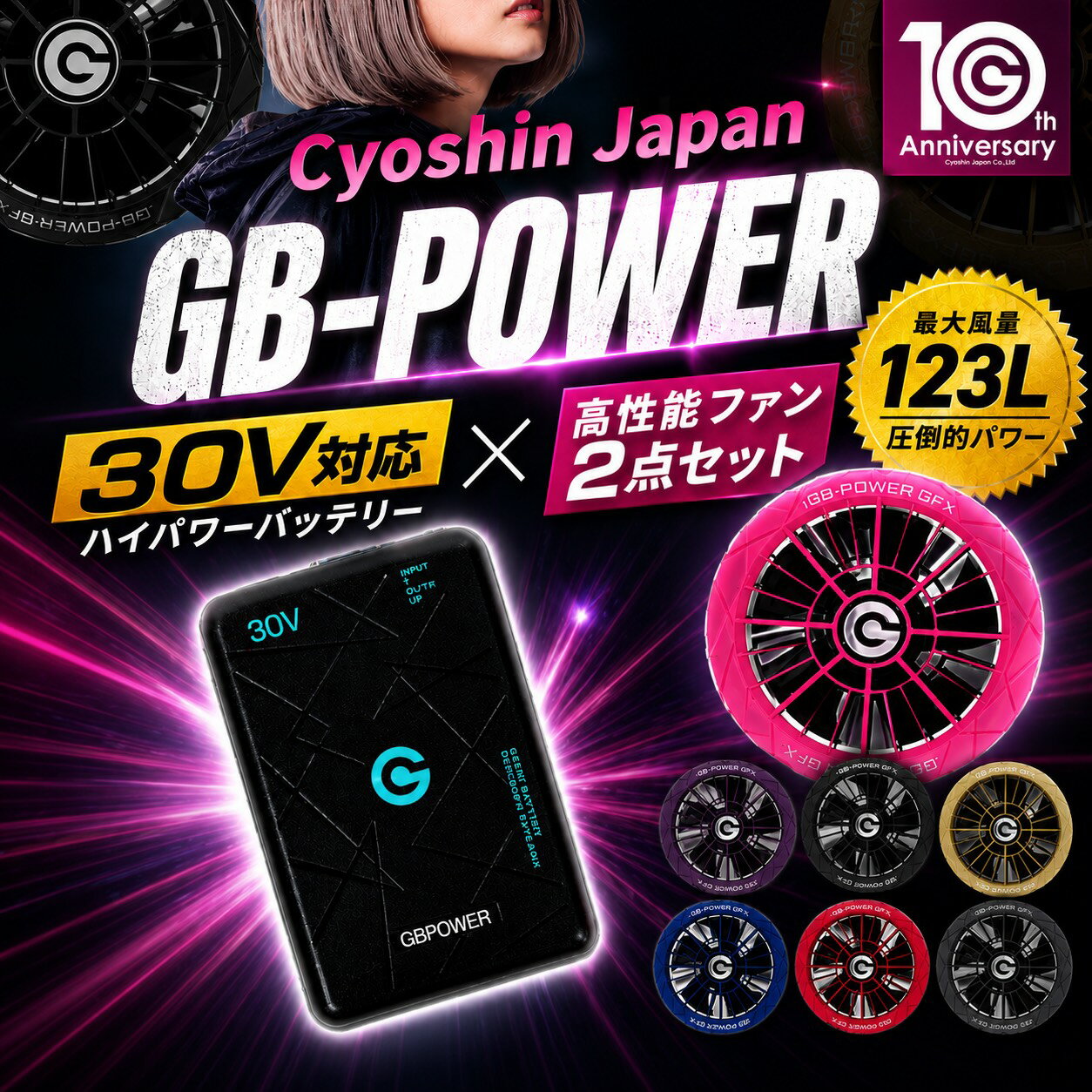 〔Cyoshin Japan〕 バッテリー×ファン2点セット　空調服 30V バッテリー 作業服 冷却ファン 現場 暑さ対策 熱中症対策 ひんやり プロペラ 清掃可 最大風量123L/秒 GB-POWER 長信ジャパン