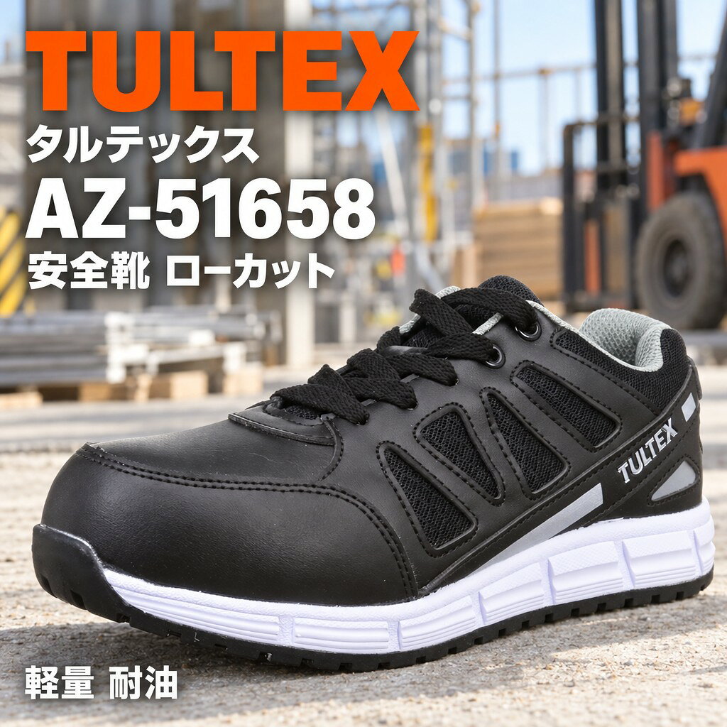 TULTEX(タルテックス) AZ-51658 安全靴は、現場の「不便」を解消するために生まれた、高機能セーフティシューズです。 軽量性、静電機能、耐油・耐滑性、そして安全性まで、作業に求められるあらゆる要素を高いレベルで融合しました。長時間の作業でも快適さを保ち、プロフェッショナルの足元を強力にサポートします。 ■ 【驚きの軽さ】片足約330gでフットワーク軽快 一般的な安全靴の常識を覆す、片足約330g（26.0cm）という驚きの軽さを実現。長時間の立ち仕事や移動が多い作業でも足への負担を大幅に軽減し、一日中快適なフットワークをサポートします。 ■ 【静電機能搭載】静電気トラブルから解放 精密機器を扱う現場や、静電気によるトラブルを避けたい環境に最適な静電機能を搭載。体内に帯電した静電気を効率的に床面へ逃がし、安心して作業に集中できる環境を提供します。 ■ 【耐油・耐滑ソール】危険な現場での安全性向上 油や水で滑りやすい床面でも、しっかりとグリップ力を発揮する耐油・耐滑ソールを採用。転倒リスクを大幅に低減し、作業者の安全を徹底的に守ります。安定感のあるソールの厚さは約2.5cmです。 ■ 【強靭な樹脂先芯】JSAA規格B種合格の安心感 JSAA規格B種に合格した軽量な樹脂先芯を搭載。外部からの衝撃や圧迫から大切な足元を強力に保護します。金属を使用していないため、軽量でありながらも高い安全性を誇ります。 ■ その他のこだわりの機能 撥水メッシュ素材： アッパーには撥水加工を施したナイロンメッシュと合成皮革を使用。水や汚れを弾き、常に清潔でドライな状態を保ちます。通気性も確保し、ムレにくい快適さを実現。 反射材： 暗所や夜間の作業でも視認性を高める反射材を搭載。安全性をさらに向上させ、周囲からの認識を促します。 3Eワイド設計： 幅広の3E設計で、つま先ゆったりの快適な履き心地。幅広い足の形に対応し、長時間の着用でもストレスを感じさせません。 女性サイズ対応： 幅広いサイズ展開で、男性はもちろん女性のワーカーにも快適に着用いただけます。多様な職場で活躍する全ての方におすすめです。 ローカットデザイン： スニーカー感覚で履けるスタイリッシュなローカットデザイン。作業着だけでなく、カジュアルな服装にも馴染み、普段使いにも最適です。 ■ TULTEX AZ-51658 主要スペック 項目 内容 ブランド TULTEX (タルテックス) メーカー AITOZ (アイトス) 型番 AZ-51658 アッパー素材 合成皮革 + ナイロンメッシュ ソール素材 EVA + 合成ゴム 先芯 樹脂先芯 (JSAA規格 B種合格品) 主な機能 静電機能、耐油性、耐滑性、撥水メッシュ、反射材 足幅 3E (EEE) 重量 約330g (26.0cm 片足) ソールの厚さ 約2.5cm タイプ ローカットスニーカータイプ TULTEX AZ-51658は、安全性、快適性、そして機能性を高次元で両立させた、プロフェッショナルのためのセーフティシューズです。様々な作業現場で活躍する皆様の足元を、力強くサポートします。