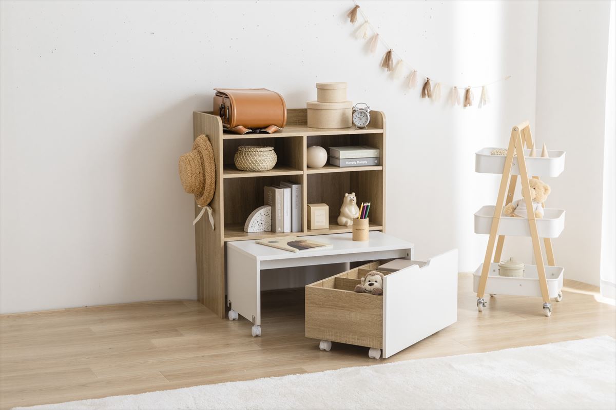 デスク付き ランドセルラック マルチ収納 学校 机 キッズ用 収納 ラック チェスト シェルフ 棚 絵本 マルチ ランドセル置き おもちゃ デスク テーブル ワゴン ボックス セット 幅80 子供部屋 子ども ベビー リビング ブック 3点セット 可動棚 オープン収納 スリム シンプル [2]