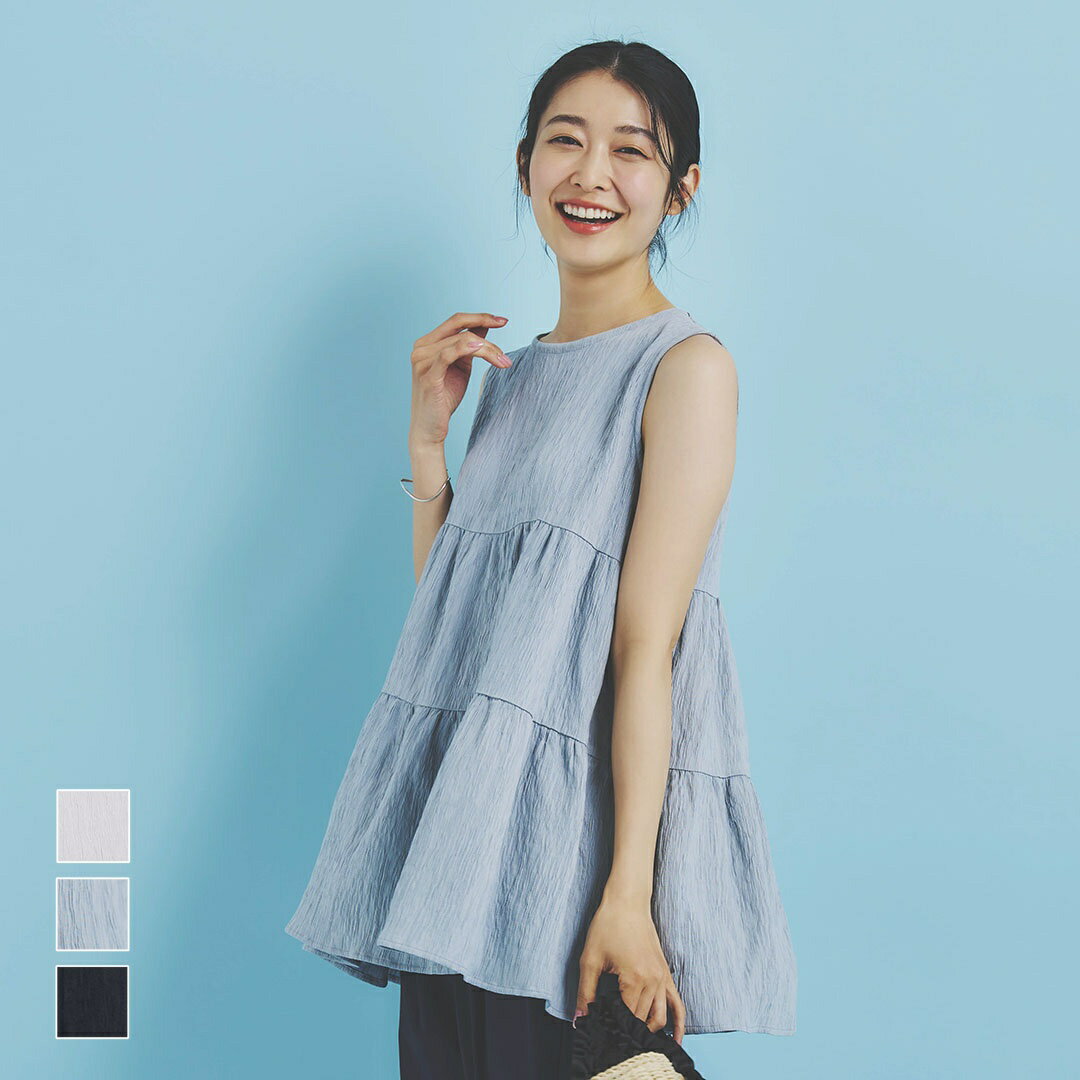 【KEYUCA公式店】ケユカ ジャガード楊柳ティアードチュニック [新作 夏 レディース トップス ノースリーブ ティアード チュニック ウォッシャブル 洗える シンプル]