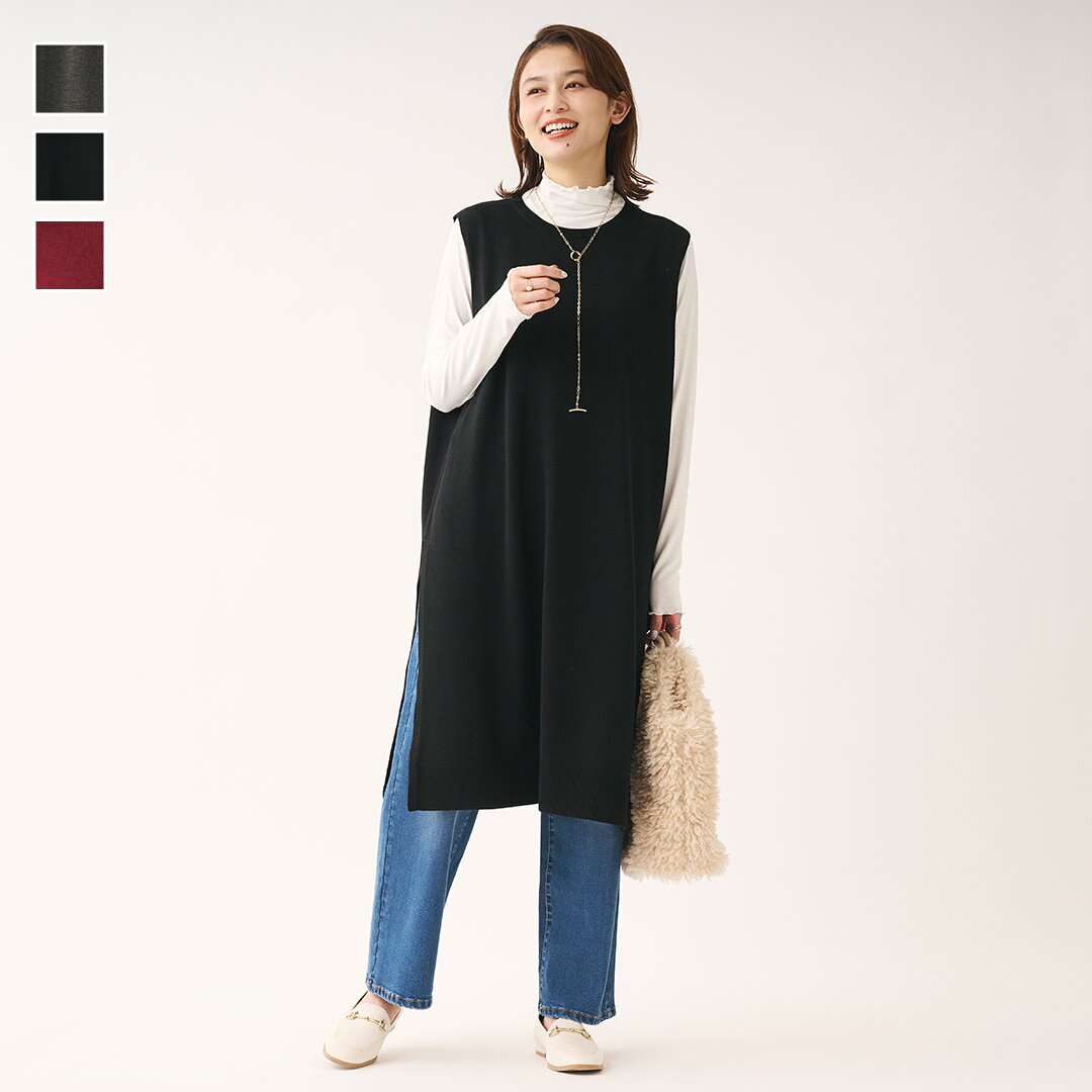 [KEYUCA 공식점] 케유카 롱 니트 베스트[레이디스 탑스 베스트 니트 롱 슬릿 크루넥 워셔블 세련된 30대 40대 50대 씻을 수 있는 통판]