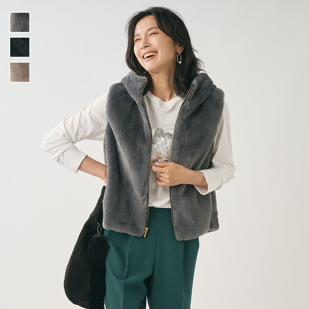 Rakuten - 【KEYUCA公式店】ケユカ フェイクファーフーディーベスト[レディース トップス ベスト フーディー フェイクファー ファーベスト 羽織り おしゃれ 秋冬 30代 40代 50代 フードベスト フード付きベスト レディース フード付きファーベスト 袖なしアウター ファー エコファー]