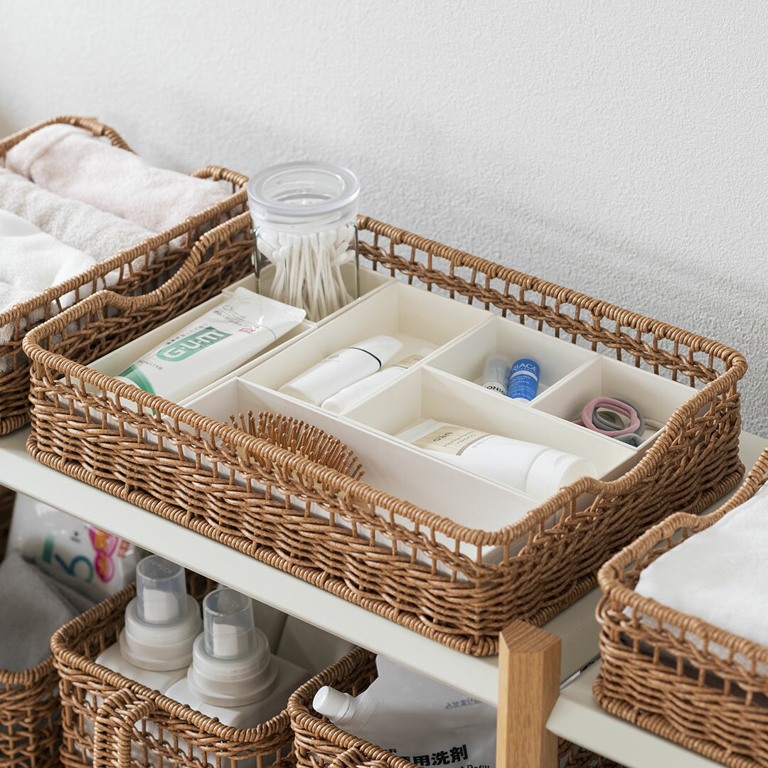 【KEYUCA公式店】ケユカ 洗えるPPラタンバスケット ワイド浅｜W36.5×D26.5×H8cm [収納BOX 箱 ケース 樹脂製 ストック収納 雑貨 水洗い可]