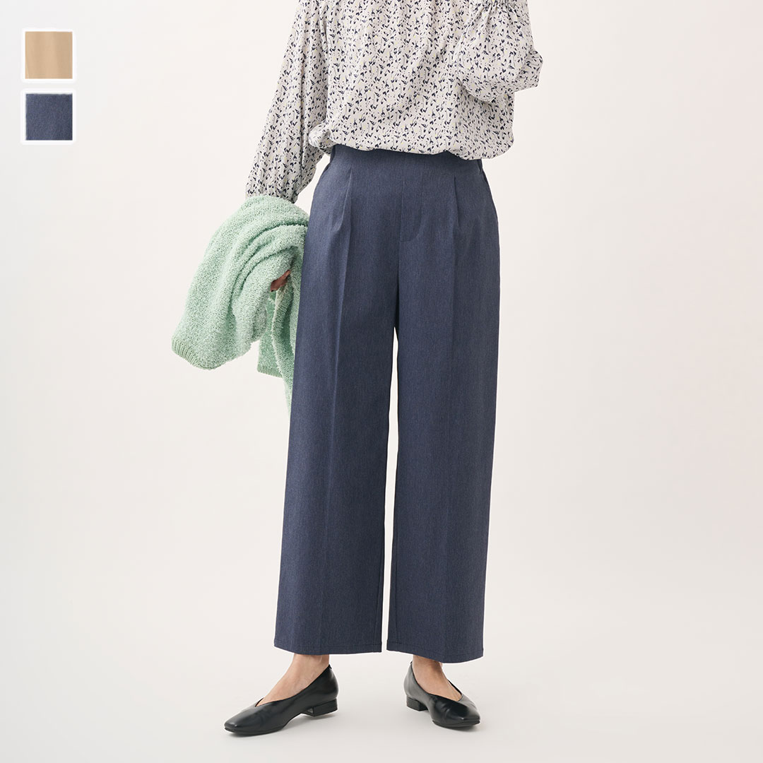 Rakuten - 【KEYUCA公式店】ケユカ 美ストレッチデニムライクタックワイドパンツ[レディース ボトムス ワイドパンツ ストレッチ 吸水速乾 おしゃれ 30代 40代 50代 洗える ウォッシャブルシンプル オフィスカジュアル ヒップライン 体型カバー 撥水パンツ カジュアル きれいめ ]