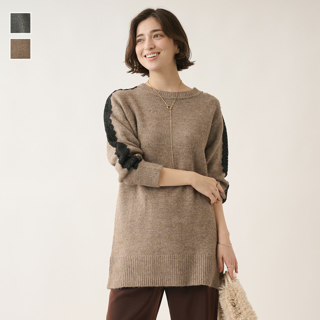 【KEYUCA公式店】ケユカ 袖レースニットチュニック[レディース トップス チュニック レース ニット あったか カジュアル 上品 ウォッシャブル おしゃれ 30代 40代 50代 洗える ウォッシャブル 通販]