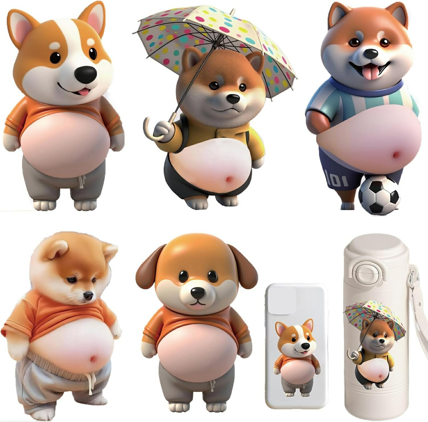 デブ 犬 ぷにぷに 5点セット シール3D柔らかいお腹 かわいい 3D マシュマロ ふわふわ もちもち もっちりスクイーズ ステッカー シー ル帳 衝突防止 キラキラ 子供 女の子向け DIY用 手帳 水筒 携帯フォトアルバムなどに kezuland-10000067 ケーズランド パッケージ画像