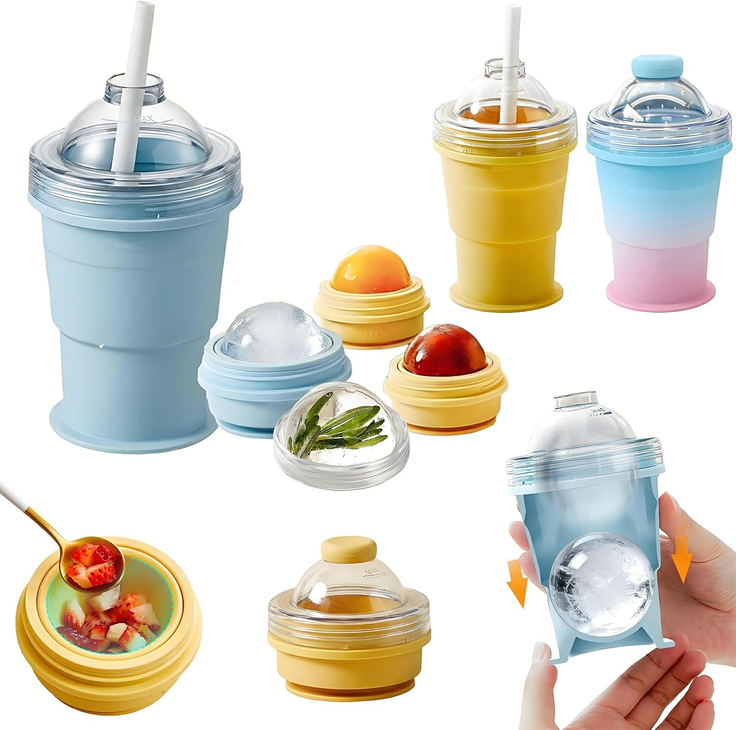 2-in-1 折りたたみ式 アイスボールカップ コンパクト 製氷カップ 吸管付き 食品グレードシリコン製 氷作り器 飲み物カップ アウトドア 簡単 製氷 簡単脱模 大口径 製冰 & 飲料 2 モード 携帯便利 ジュースカップ ソーサー付き 洗いやすい キッチンツール 母の日 ギフト
