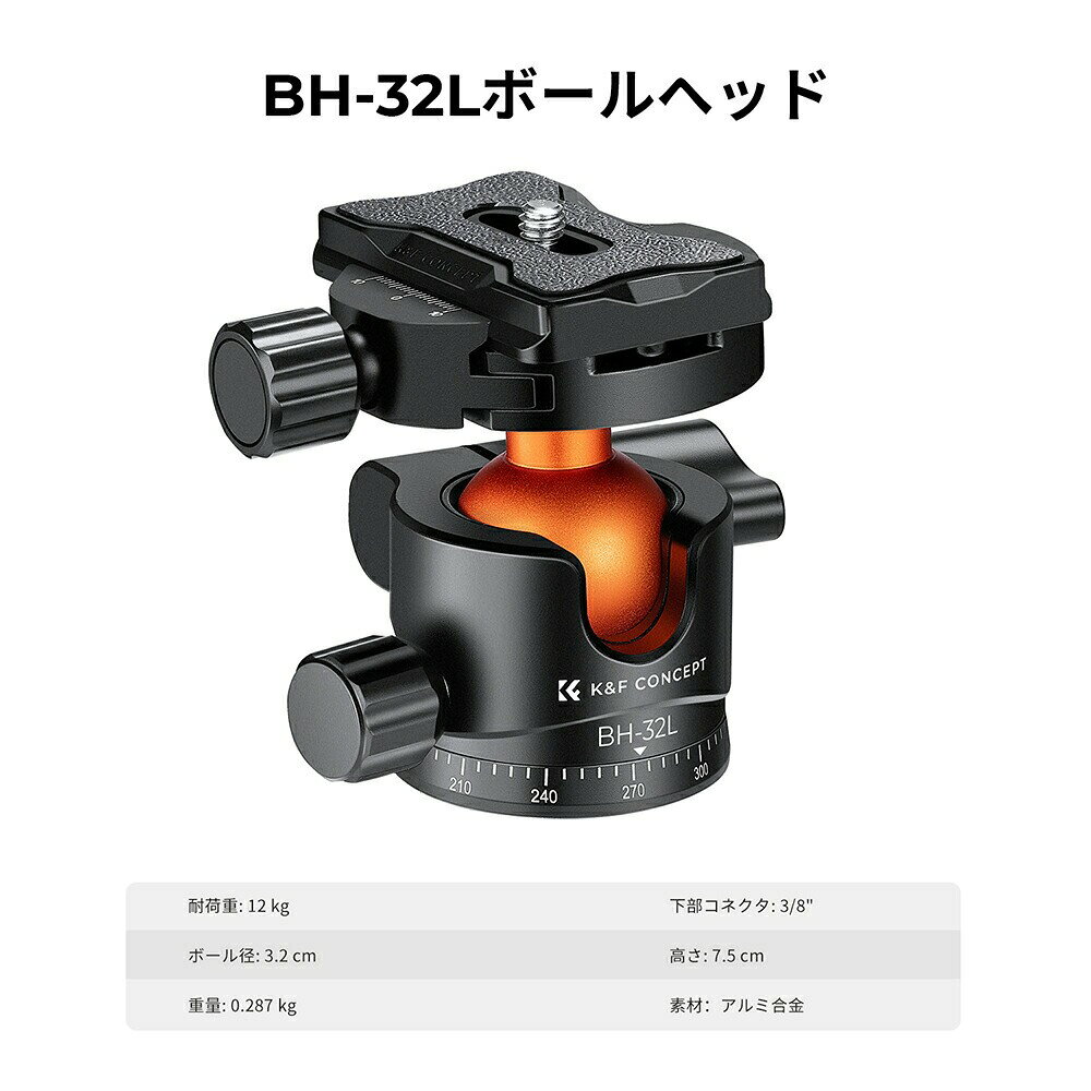 最大10%OFFxP2倍!!K&F CONCEPT自由雲台 32mmボールベッド 耐荷重12kg アルミ製 360...