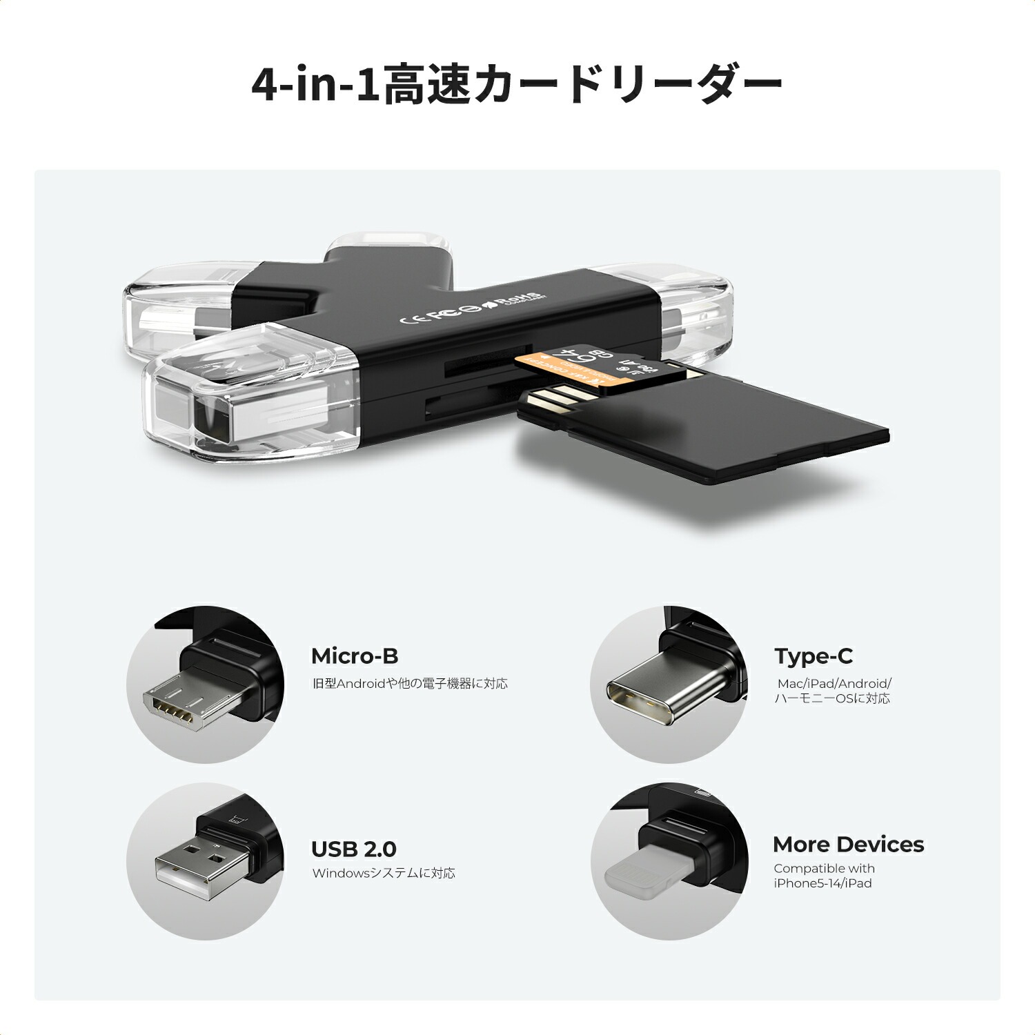 ★マラソン特別価格！★ 2in1 カードリーダー&収納ケース 4in1高速転送対応 SD/TFカ...