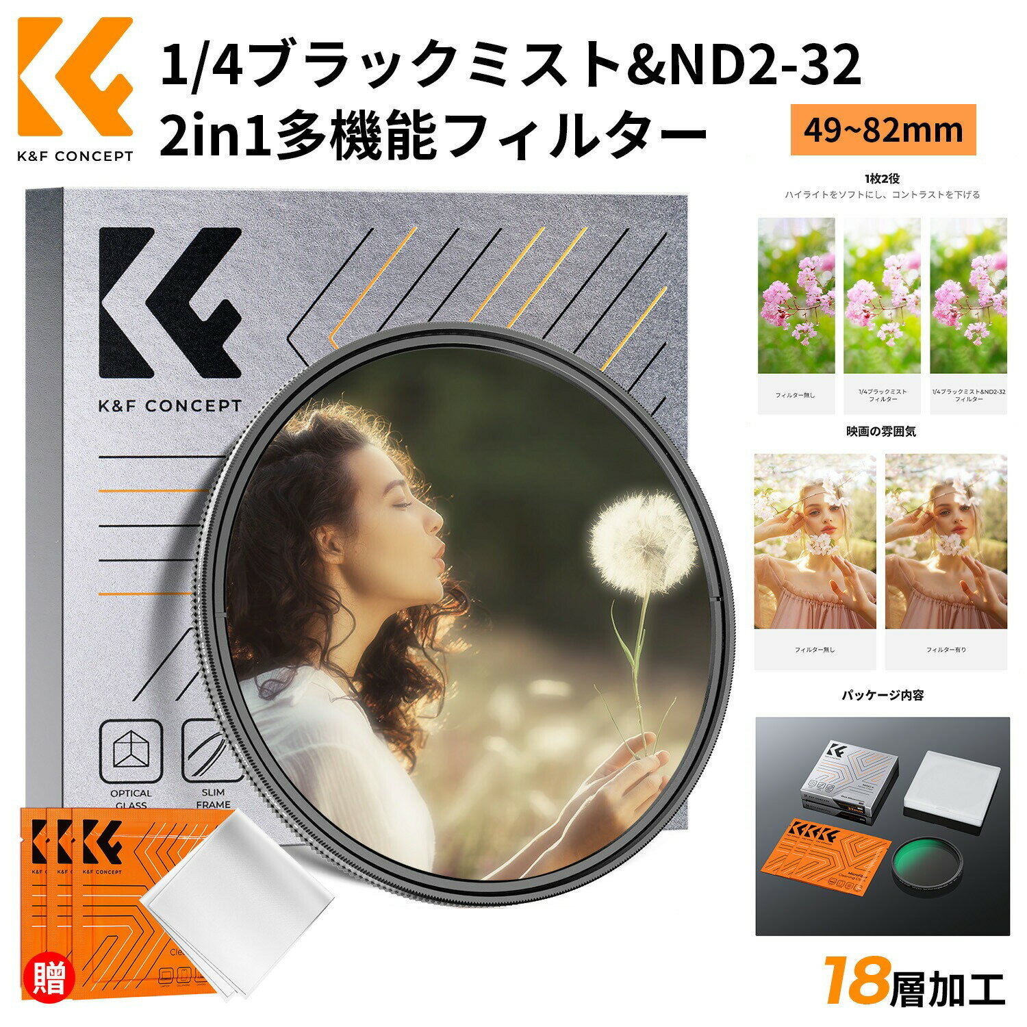 Max10%OFF配布中!! 49.82mm 1/4ブラックミスト&ND2.32フィルター 多機能フィルター 2in1 一枚二役 ソフト効果+減光効果 可変NDフィルター ソフトフィルター 18層ナノコーティング（Nano.Klear）