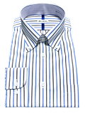 メンズワイシャツ長袖形態安定シャツブルーストライプクレリックホリゾンタルワイドカラービジネスおしゃれKF2056-1