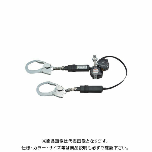 【メーカー】 ●サンコー(株) 【特長】 ※商品画像：製品の説明上、ストラップを引き出し仮止めした状態で撮影しています。(メーカーカタログより引用) ●TITANのフルハーネス用ランヤード ●墜落時にストラップの繰り出しを瞬時に停止し、落下距離を最短に抑える「ロック機能」を備えています。 ●ストラップには巻取器に引き込まれる張力がかかっているので、常に最短の長さで使用ができ、落下距離を低減させます。 【仕様】 ●ダブル ロック装置付き巻取器 タイプ1ランヤード ●巻取器：樹脂製ケース ●ストラップ：幅17mm アラミド芯入りテトロン ●全長：約1,560mm ●ショックアブソーバ：第一種 ●フック：No.56(UJ環付 軽量タイプ) ●D環側コネクタ：DJMR環(回転機能付) ●重量：約1,740g