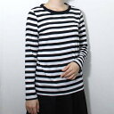 日本製 コットンレーヨン クルーネック プルオーバー 長袖 カットソー レディース トップス Tシャツ ベーシック ボーダー柄 Lサイズ ブラック×グレー 大人...