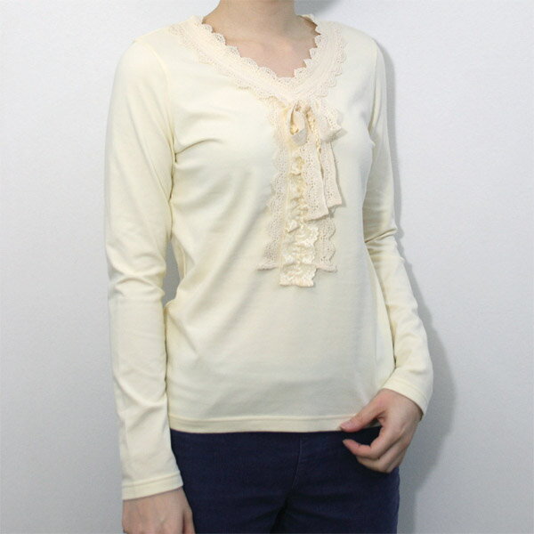 レディース レース使い デザインプルオーバー(中国製)(358418) トップス Tシャツ カットソー 長袖 Vネック ストレッチ 綿 コットン オフ白 ピンク アウトレット ギフト プレゼント