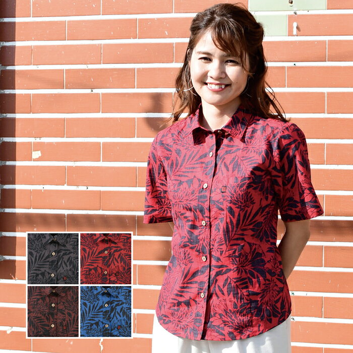 かりゆしウェア レディース デイゴ柄 シャツカラー