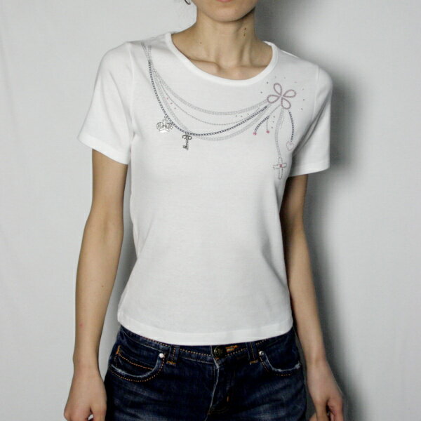 レディース モチーフ付き Tシャツ 日本製(358406) トップス クルーネック 半袖 綿100% フライス素材 春 夏 オフ白 オフホワイト アウトレット ギフト プレゼント