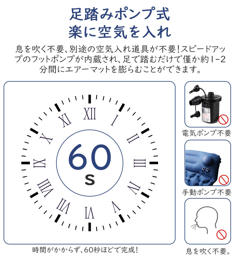 ＼P2倍＋限定配布／ 【2022年最新 幅広厚手】エアーマット 足踏み式 エアマット エアーベッド キャンプマット アウトドアマット 車中泊マット テント キャンプ 軽量 折り畳み 枕付き キャンピングマット 無限連結可能 防水防潮 防災 40Dナイロン+TPU生地 収納袋付き