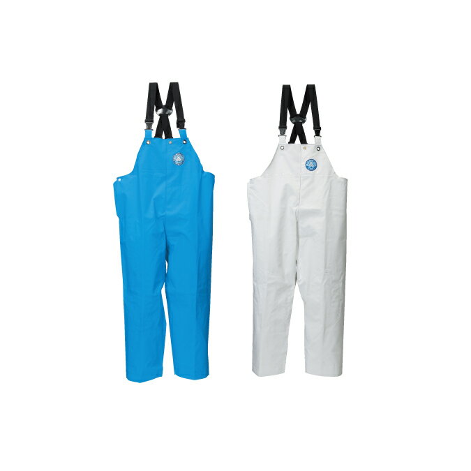 送料無料 RA-98 サロペット前開きタイプ ホワイト ブルー M、L、LL、LLL 前開きファスナー付 レインウェア 阪神素地 水産合羽 レインパンツ