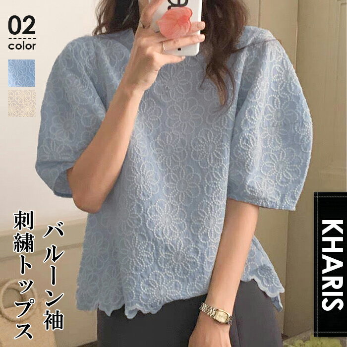【完売】ブラウス レディース 半袖 夏 パフ袖 ボリューム袖 刺繍 レース バルーン きれいめ カジュアル おしゃれ ブルー コットン ゆったり 大きいサイズ トップス 体型カバー カットソー オフィス パフスリーブ【 パフ袖刺繍プルオーバー 】 カリスのサムネイル