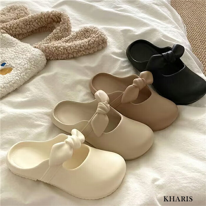 【特別送料無料】 サンダル レディース つっかけ スリッポン かかとなし 軽量 軽い 可愛い かわいい おしゃれ 歩きやすい ゴム 厚底 フラット リボン 黒 防水 サンダル 痛くない サボ【 リボンスリッポン 】のサムネイル