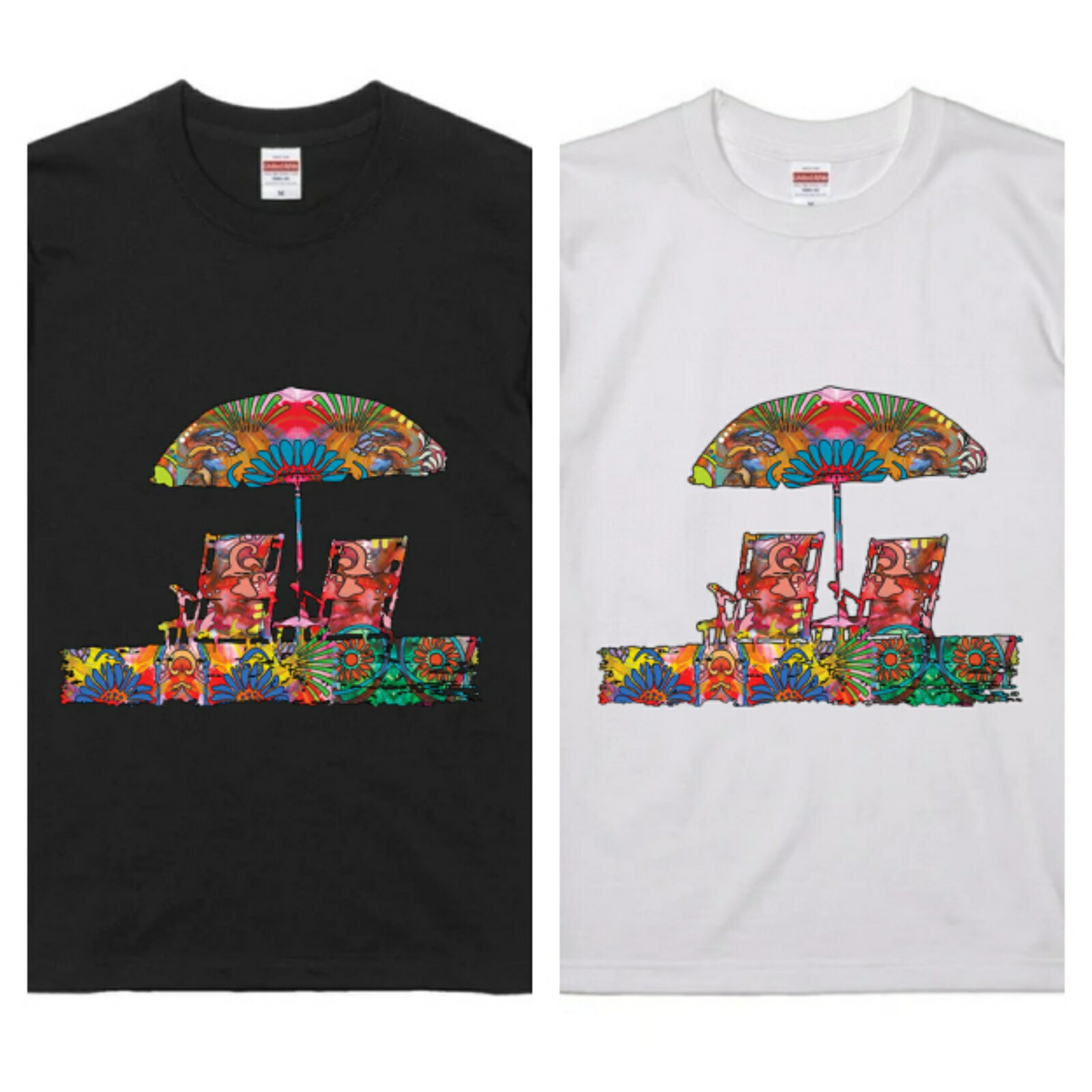 アメリカ直輸入 グラフィック デザイン Tシャツ BEACH ペア チェアー ブラック or ホワイト 半袖 綿100% ストリート プリント tシャツ メンズ レディース 男女兼用 夏 海 アウトドア イベント キャンプに最適 T-shirt-beach-003