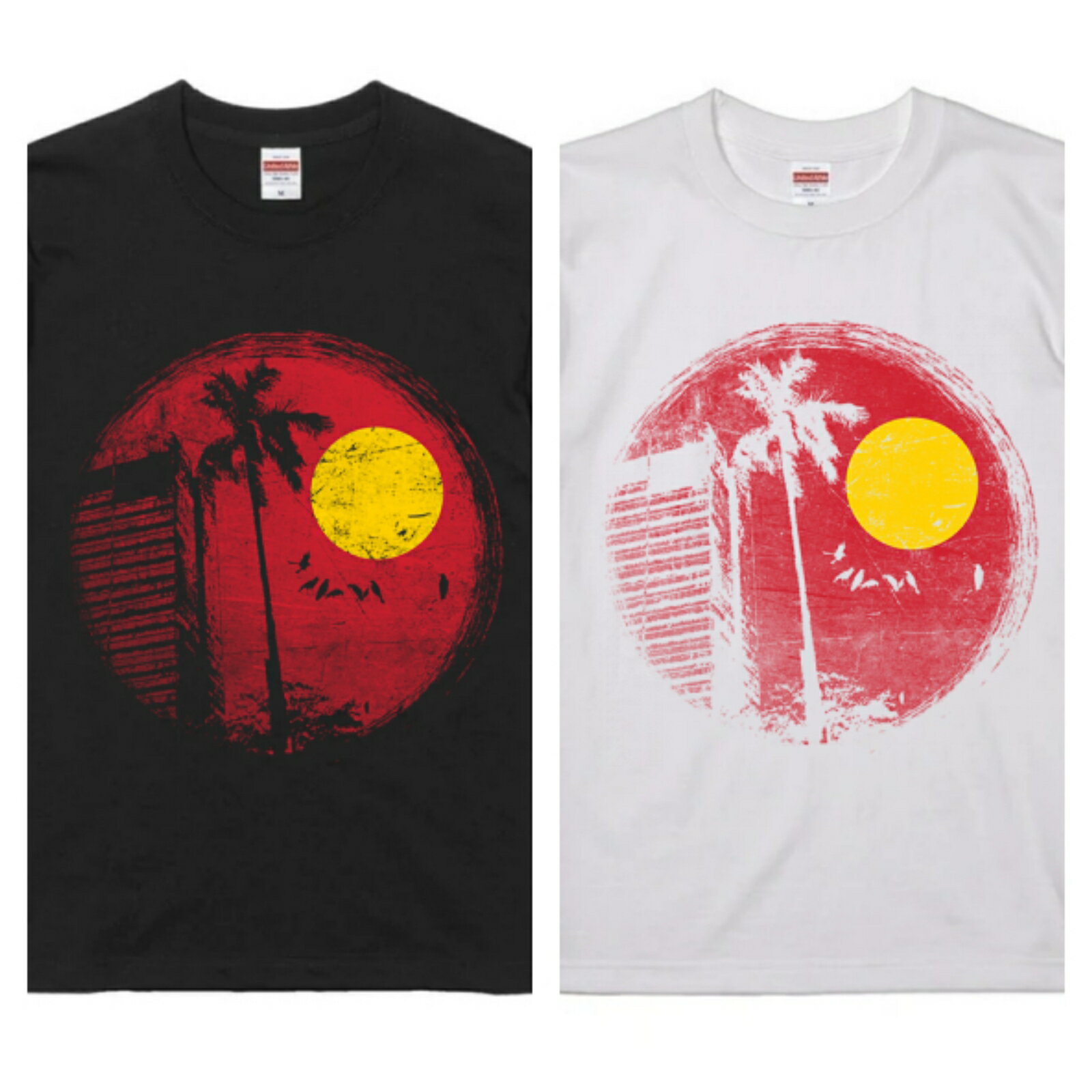 アメリカ直輸入 グラフィック デザイン Tシャツ BEACH ヤシの木 夕日 ビル ブラック or ホワイト 半袖 綿100% ストリート プリント tシャツ メンズ レディース 男女兼用 夏 海 アウトドア イベント キャンプに最適 T-shirt-beach-013