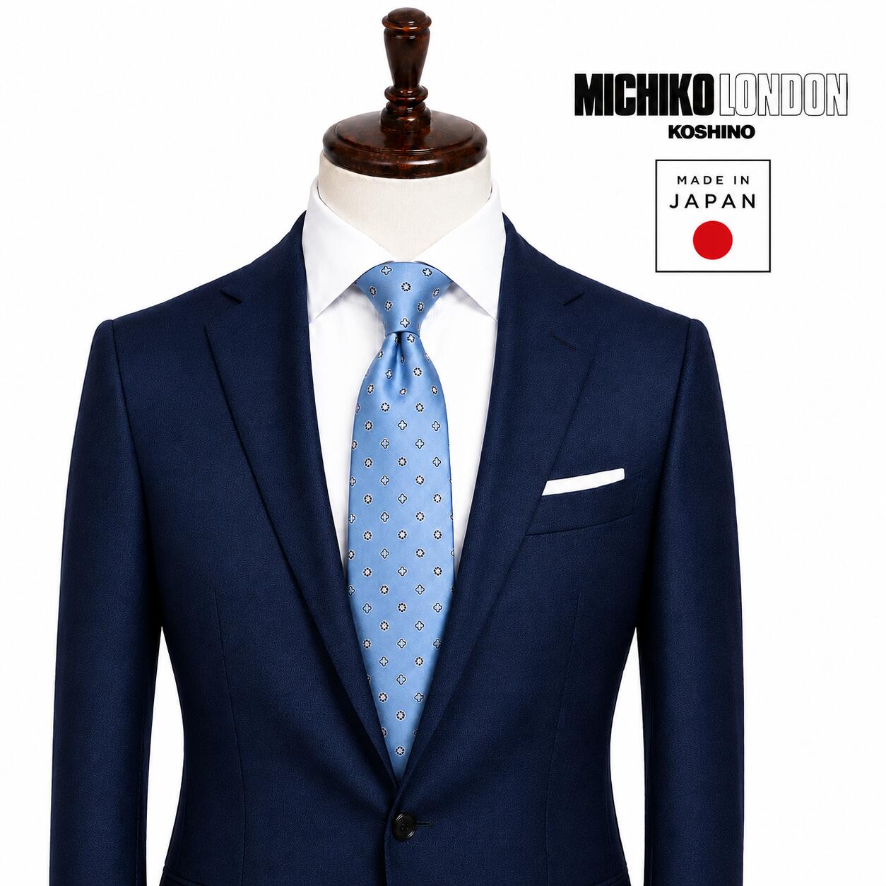 日本製 MADE IN JAPAN ネクタイ ブランド MICHIKO LONDON KOSHINO ミチコロンドン 小紋柄 シルク 100％ プレゼント ギフト 贈り物 おしゃれ スーツ ジャケットに最適 メンズ レディース 男女兼用 ユニセックス 対応 mk-008-B サックス