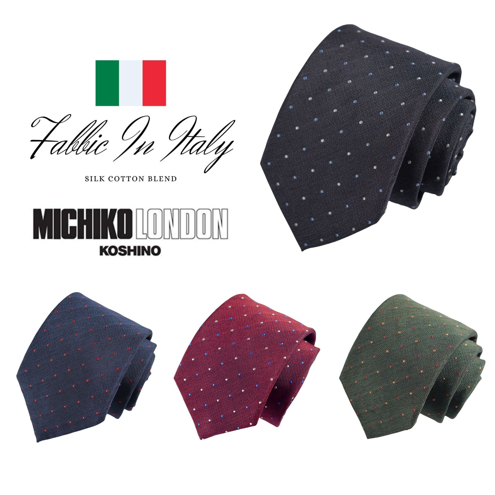 樂天商城 - イタリア生地 日本縫製 Fabric in Itary ネクタイ ブランド MICHIKO LONDON KOSHINO ミチコロンドン ドット 水玉 シルク コットン プレゼント 贈り物 おしゃれ スーツ ジャケットに最適 メンズ レディース 男女兼用 ユニセックス 対応 MKIC-006