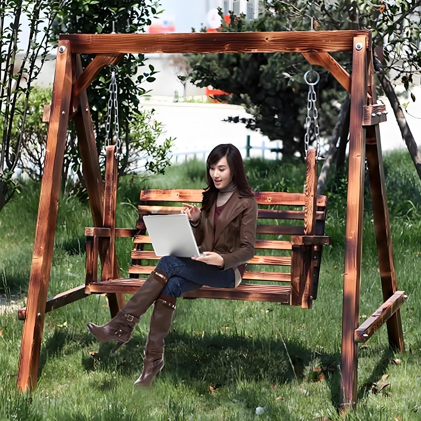 ブランコ 屋外 2人乗り 木製ブランコ パティオスイング 無垢材 強力な耐荷重性 室内ガーデンスイングチ..