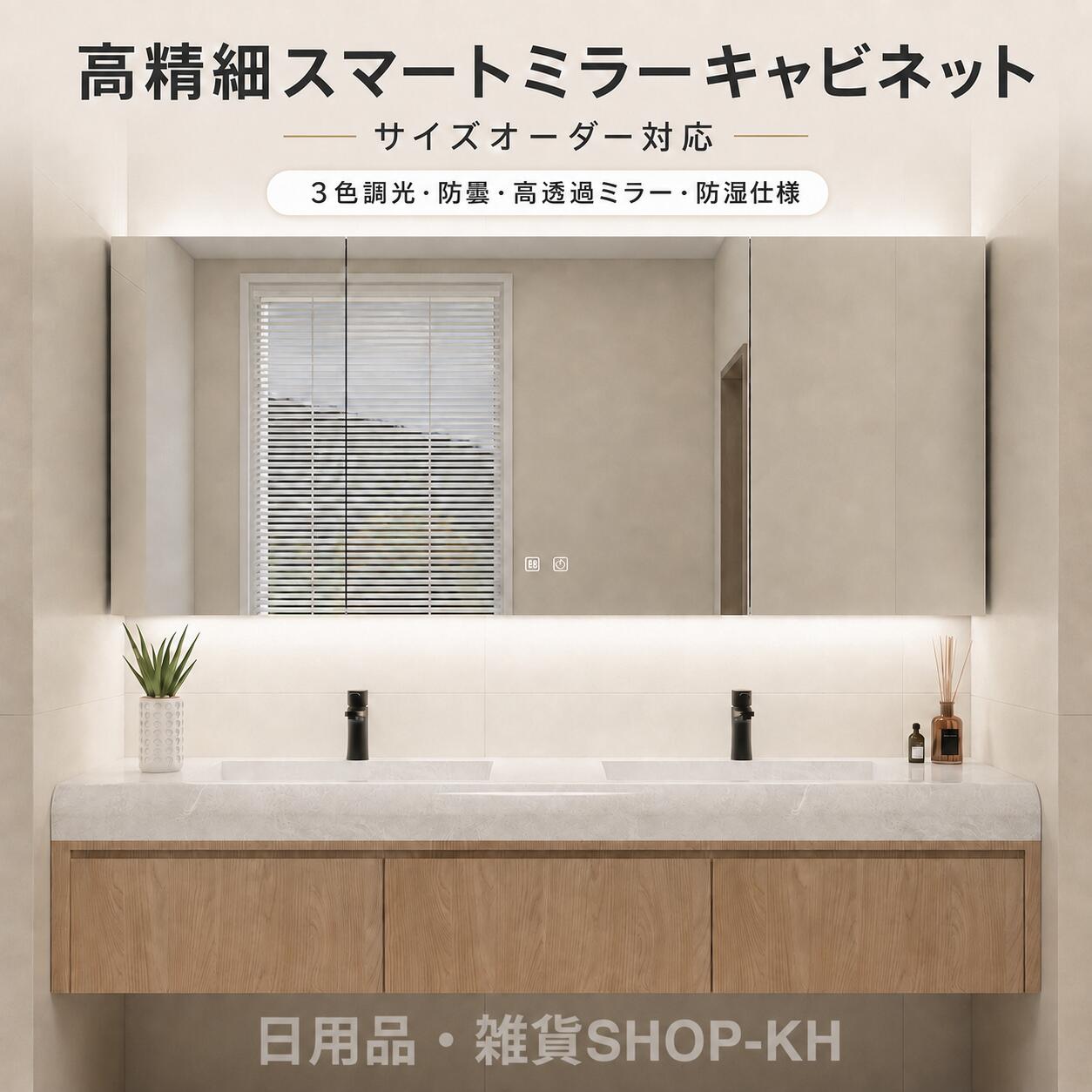 洗面空間を美しく整える、スマートミラーキャビネットミラー照明収納を一体化した壁掛け式の洗面ミラーキャビネットです。洗顔用品、スキンケア用品、メイク用品などをすっきり収納でき、清潔感のある洗面空間を演出します。【選べる3タイプ】 バックライト式3色防曇ミラー背面のLEDライトがやわらかく空間を照らすタイプです。白色光自然光暖色光の3色切替に対応し、防曇機能付きで入浴後もミラーを見やすく保ちます。 人感式白光ティッシュ穴人の動きを感知して自動点灯する人感センサータイプです。白色LEDライトを搭載し、ティッシュ穴付きで洗面まわりをより便利に整理できます。暖色光をご希望の場合はお問い合わせください。 タッチ式四面灯三色調光ミラーの上下左右を照らす四面LEDライト仕様です。タッチ操作で簡単に点灯切替ができ、白色光自然光暖色光の3色調光に対応しています。【共通機能】 収納付きミラーキャビネット化粧品、歯ブラシ、洗顔料、スキンケア用品などをまとめて収納可能。洗面台まわりの小物をすっきり隠して整理できます。 高透過ミラークリアで見やすい高透過ミラーを採用。毎日の洗顔やメイク、身だしなみチェックに便利です。 防湿バックパネル湿気の多い洗面空間での使用に配慮した防湿バックパネル仕様です。 便利な収納設計タイプにより、ティッシュ穴メイク収納棚小物収納スペースを備えています。用途に合わせてお選びください。【サイズ】高さ：約70cm奥行：約14cm幅：68cm／78cm／88cm／98cm／108cm／118cm／128cm／138cm選択するタイプサイズをご確認のうえご注文ください。【カラー】チャコールグレー／ホワイト／ミルクティーベージュ【設置について】壁掛け式です。ご購入前に、設置場所のサイズ、壁面の強度、電源位置をご確認ください。【ご注意】サイズは手作業で測定しているため、多少の誤差が生じる場合があります。モニター環境により、実際の色味と異なる場合があります。製品仕様は選択したタイプにより異なります。設置前に必ず商品サイズと設置環境をご確認ください。洗面空間を美しく整える、スマートミラーキャビネットミラー照明収納を一体化した壁掛け式の洗面ミラーキャビネットです。洗顔用品、スキンケア用品、メイク用品などをすっきり収納でき、清潔感のある洗面空間を演出します。【選べる3タイプ】バックライト式3色防曇ミラー背面のLEDライトがやわらかく空間を照らすタイプです。白色光自然光暖色光の3色切替に対応し、防曇機能付きで入浴後もミラーを見やすく保ちます。人感式白光ティッシュ穴人の動きを感知して自動点灯する人感センサータイプです。白色LEDライトを搭載し、ティッシュ穴付きで洗面まわりをより便利に整理できます。暖色光をご希望の場合はお問い合わせください。タッチ式四面灯三色調光ミラーの上下左右を照らす四面LEDライト仕様です。タッチ操作で簡単に点灯切替ができ、白色光自然光暖色光の3色調光に対応しています。【共通機能】収納付きミラーキャビネット化粧品、歯ブラシ、洗顔料、スキンケア用品などをまとめて収納可能。洗面台まわりの小物をすっきり隠して整理できます。高透過ミラークリアで見やすい高透過ミラーを採用。毎日の洗顔やメイク、身だしなみチェックに便利です。防湿バックパネル湿気の多い洗面空間での使用に配慮した防湿バックパネル仕様です。便利な収納設計タイプにより、ティッシュ穴メイク収納棚小物収納スペースを備えています。用途に合わせてお選びください。【サイズ】高さ：約70cm奥行：約14cm幅：68cm／78cm／88cm／98cm／108cm／118cm／128cm／138cm選択するタイプサイズをご確認のうえご注文ください。【カラー】チャコールグレー／ホワイト／ミルクティーベージュ【設置について】壁掛け式です。ご購入前に、設置場所のサイズ、壁面の強度、電源位置をご確認ください。【ご注意】サイズは手作業で測定しているため、多少の誤差が生じる場合があります。モニター環境により、実際の色味と異なる場合があります。製品仕様は選択したタイプにより異なります。設置前に必ず商品サイズと設置環境をご確認ください。