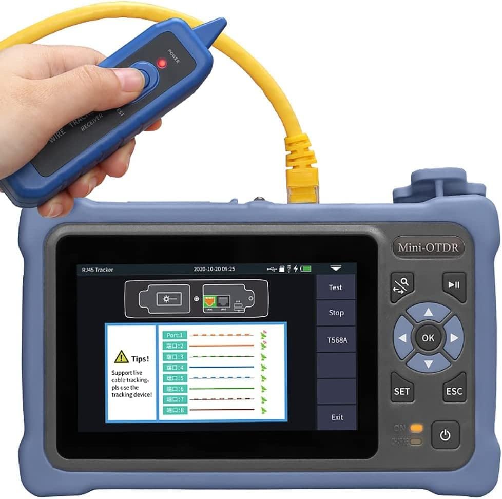 ミニ OTDR 光ファイバ テスター 1310/1550nm 26/24dB、4.3 インチ タッチ スクリーン付き、11-in-1 OTDR SM、VFL OPM OLS イベント マップ RJ45、FC/UPC