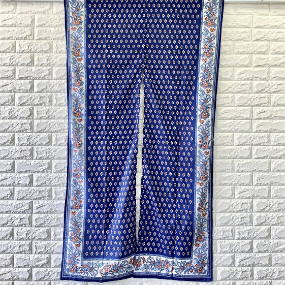 のれん 北欧 カントリー プロヴァンス フェミニン ブロックプリント おしゃれ クール インド綿 ネイビー トワルパント柄 花柄 ノレン 暖簾 綿100％ 85cm×150cm