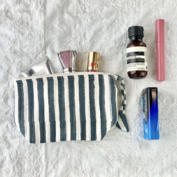 キルト ミニポーチ ナチュラル シンプル シック 北欧 ブロックプリント ストライプ ボーダーグレー かっこいい プレゼント お礼　18cm×11cm