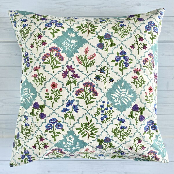 クスス雑貨 クッション カバー アンティークレース ボタニカルフラワーブロックプリント インド綿 エレガント ヨーロッパ 北欧 華やか コットン100％ ブルー 青 kh017