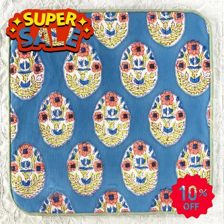Rakuten - 『楽天スーパーSALE10％OFF』ふんわり ハンカチ ブロックプリント コットン フリース 花柄 総柄 ブルー 青 レトロ 伝統的な技法 スタイ お返し プチギフト レディース 22cm×22cm
