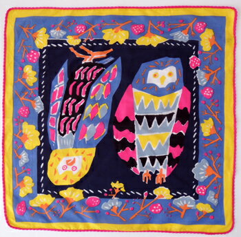 バンダナ 大判 サイズ インド綿 おしゃれ かわいい アジアン エスニック 北欧 鳥と花柄 柄 ツインオウル フクロウ ブラック 黒 マルチカラー BK ハンカチ お弁当 包み スカーフ スタイ レディース 53cm×53cm