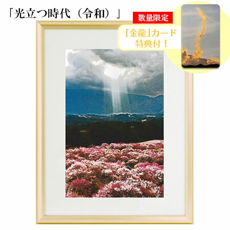 「奇跡の写真」〜光立つ時代（令和）〜の撮影エピソード 平成31年4月1日、午前11時41分に新元号となる「令和」が発表されました。梅の花のように、明日への希望を咲かせる国であるように願いが込められた、新しい元号であることが首相会見で説明されました。 数か月前より、どのような元号になるか？が話題になっていましたが、新元号発表前の3月初旬に撮影したこの写真は、結果的に新元号を予感したような写真となっていました。 新元号が発表された4月1日は桜の季節で、梅は1ヵ月前の3月が開花時期です。 満開の梅林を撮影していた時でした。一筋の光が天から降り立つように地上に向かいました。光が降り立った場所は光がにじんでいる様に見えます。 太陽光線が雲間から筋のように伸びる現象を「光芒（こうぼう）」と言われます。 大気の状態によって現れる光景で、よく目にすることがある現象ですが、撮影時に現れた光は、大変稀なスポットライトのような一本の光でした。 手前にある満開の梅は桃源郷のようで、後方に起きる神々しい光景と合わせた写真になったのですが、今になって思うには、来る時代の元号を予言していたかのようです。 新元号「令和」の発表に合わせて、光り輝く時代になるように願い込め、作品タイトルを考えました。 予言されたような撮影カットから、新たな時代が輝ける日々になるように願っています。また、新たな時代の心の糧として飾り見ていただければ嬉しく思います。 (秋元隆良) 「奇跡の写真」とは…？ それまで鉄道や風景の写真を撮るのが専門だった秋元さんは、あるとき知人から、「水たまりに不思議な生命体がいるので撮影してほしい」と依頼を受けます。小さな龍のような生命体を夢中で撮っていると、なんとその生命体が秋元さんの口の中に入り、呑み込んでしまったというのです。以来、秋元さんの撮る写真には、不思議な光が写ったり、霊的パワーが宿るようになりました。そんな「奇跡の写真」を手にした人からは信じられないような奇跡の報告が次々と寄せられ、今では感謝の声が後をたたなくなったとのことです。 写真の再現性が高く長期保管が可能な「銀塩生写真」 秋元さんの作品は、長年の熟練技を駆使して印画紙に銀塩を使って感光し、自ら1枚1枚手焼きする「銀塩生写真」。暗部から明部までのグラデーションが立体感のある奥ゆきや光彩の美しさを際立たせ、味わい深い趣を醸し出してくれます。 インクジェットプリンターは紙の表面にインクをジェット噴射してのせるのに対して、銀塩写真は印画紙に光が当たると発色する薬品を塗ることで印画紙内部で発色するのでその違いは一目瞭然。 印刷に比べて保存性は抜群、色の再現性が高いのが特長です。 アルバム保存（密封されていて通常時は光や空気に触れない状態）されているなら100年以上とされているほど長期保存が可能。 【数量限定】「金龍カード」プレゼント！ 「奇跡の写真」シリーズの中でも特に人気な写真【金龍】のカードサイズを一枚プレゼントいたします！お財布やスマホケースや手帳など普段使うアイテムに入れられるサイズなので、いつも「金龍」パワーを持ち運ぶことができます！カードサイズ：約8.5cm×5.4cm※お届けは写真商品とは別送になりますので予めご了承くださいませ サイズ 額寸：約縦31×横41.5cm 作品サイズ：約縦20.3×横30.5cm 重量 重量：約980g 商品内容 銀塩写真、額縁 商品説明 〜秋元隆良「奇跡の写真」シリーズ【光立つ時代（令和）】ゴールド額装品〜 小さな龍を呑み込んで以来、不思議な光が写ったり、霊的パワーが宿る超自然現象を捉えた「奇跡の写真」を多く撮影している大人気写真家秋元隆良さんの写真を再現性が高く長期保管が可能な「銀塩生写真」として一枚一枚手焼きをしてお届けいたします。重厚感のある額縁付なのですぐにお部屋に飾ることができます。 ■「奇跡の写真」〜光立つ時代（令和）〜の撮影エピソード 平成31年4月1日、午前11時41分に新元号となる「令和」が発表されました。梅の花のように、明日への希望を咲かせる国であるように願いが込められた、新しい元号であることが首相会見で説明されました。 数か月前より、どのような元号になるか？が話題になっていましたが、新元号発表前の3月初旬に撮影したこの写真は、結果的に新元号を予感したような写真となっていました。 新元号が発表された4月1日は桜の季節で、梅は1ヵ月前の3月が開花時期です。 満開の梅林を撮影していた時でした。一筋の光が天から降り立つように地上に向かいました。光が降り立った場所は光がにじんでいる様に見えます。 太陽光線が雲間から筋のように伸びる現象を「光芒（こうぼう）」と言われます。 大気の状態によって現れる光景で、よく目にすることがある現象ですが、撮影時に現れた光は、大変稀なスポットライトのような一本の光でした。 手前にある満開の梅は桃源郷のようで、後方に起きる神々しい光景と合わせた写真になったのですが、今になって思うには、来る時代の元号を予言していたかのようです。 新元号「令和」の発表に合わせて、光り輝く時代になるように願い込め、作品タイトルを考えました。 予言されたような撮影カットから、新たな時代が輝ける日々になるように願っています。また、新たな時代の心の糧として飾り見ていただければ嬉しく思います。 (秋元隆良) 製造国 日本 ご注意事項 ・1枚1枚手焼きする銀塩写真の商品です。通常のインクプリントと異なり、色調や濃度に若干の誤差が生じる場合がございます。また、商品画像はお使いのPCやスマートフォンなどご覧頂く環境によって見え方（色味や彩度）が異なる場合がござますので予めご了承くださいませ。 　 ・各作品200枚限定・全てに秋元さん直筆のシリアルナンバー入 広告文責 株式会社オルガニコ　 ※直送の為代引き不可(代引きでのご注文はキャンセルさせていただきます)※こちらの商品はご注文後に一枚一枚手焼きで製作するため、秋元先生のスケジュールによってはお届けまで1週間程度お時間を頂く場合がございますので予めご了承くださいませ（商品発送次第メールにてご連絡を差し上げます）※特典の「金龍カード」は写真本体とは別途郵送にてお送りいたします※ご注文後のキャンセル・返品・交換不可 秋元隆良/あきもとたかよし/奇跡の写真/開運/開運写真/金運/金運写真/銀塩写真/額装写真/インテリアフォト/プレゼント