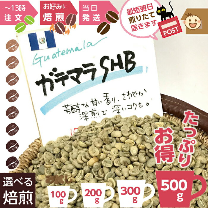 名称レギュラーコーヒー原材料名コーヒー豆生産国★コーヒー名/格付ガテマラ ★SHB内容量各表記gは生豆量です。 焙煎すると1〜2割 軽くなります。ご了承ください。焙煎度により異なります。保存方法密封容器に入れ、冷蔵庫でおいしさが長持ちします。賞味期限焙煎日より3ヶ月　焙煎日はラベルに明記しています製造および販売吉備の国珈琲焙煎所　　(Rocka llc.) 岡山県岡山市北区表町1-7-15 tel.086-221-2077豆の包装等について煎りたての豆は　ガスが発生するため 密封しておりません。ネコポスでポストにお届けのため 平たくして 発送します。包装はシンプルを心がけております。納品書等は同封しません。焙煎度1、 ライトロースト 　( 浅煎り ) 2、 シナモンロースト ( 浅煎り ) 3、 ミディアムロースト ( 中煎り ) 4、 ハイロースト ( 中煎り ) 5、 シティロースト ( 中深煎り ) 6、 フルシティロースト( 中深煎 り) 7、 フレンチロースト ( 深煎り ) 8、 イタリアンロースト ( 深煎り ) 0、 生豆のまま (ご自分で焙煎される方)ガテマラSHB 　GUATEMALA SHBガテマラは 標高の高さによって等級が分けられ 一番格上が　標高1300m以上がSHB　 (スクリクトリー　ハード　ビーン) さわやかな酸味 しっかりとしたコクとバランスのよい味わいが 楽しめます。 中煎りか中深煎りが おすすめです。(ロースト4〜5) 深煎り(6〜7) もコクが出て味わい深く人気があります。 年中ほぼ無休、土日祝も毎日焙煎・発送します。 ただし、土日は実店舗が混み合いますので、まれに翌日になる場合がございます、お急ぎの場合は備考欄にご記入ください。★送料無料の200gまでの商品をご購入の場合、他の豆を同梱できます。 ※ ネコポスに入る量をご確認ください。 ★送料無料商品を複数ご注文については、一口にまとめれる場合、 送料分 差し引き修正します。 ★送料別商品をご注文の場合、ネコポスの同梱の範囲をこえた場合、 送料(ネコポス370円)を別途加算となります。ご了承ください。