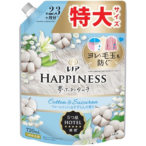 レッド/詰め替え 720mL/-・パッケージ個数:1・レノアハピネス夢ふわタッチは、5つ星ホテルも認めた香りも肌ざわり。レノアハピネス夢ふわタッチで、おうちにいながら5つ星ホテルの贅沢を体験してください。・レノアハピネス夢ふわタッチは、洗濯するたび気になる衣類のダメージまで防ぐ。Tシャツの首元のヨレやニットの毛玉を防いで*、5つ星ホテルも認めたなめらかな肌ざわりが続きます。(*新品から複数回洗濯した場合。当社洗剤比。詳しくはWebへ)・レノアハピネス夢ふわタッチなら5つ星ホテルも認める贅沢な香り。まるで5つ星ホテルのリネンに包まれる朝を感じさせる香りを楽しめます。・秋冬は乾燥しやすいから、ニットのゴワゴワ・チクチクが気になりがち…レノアハピネス夢ふわタッチなら、衣類をシルクの様になめらかに洗い上げるから、ニットももうチクチクしない* (*コットンニットで検証)・レノアの柔軟剤は、ドラム式洗濯機や自動投入洗濯機でもお使いいただけます。詳細の使用方法や使用量は、製品裏の説明をご覧ください。商品紹介 ウォームコットン&すずらんの香り：いつまでも包まれていたい、洗いたてのリネンのように透明感ある香り。 5つ星ホテル推奨*。高級ホテルタオルのような、ふわふわシフォンに ヨレ・毛玉も防ぐ*1 汗をかいても防臭 部屋干しOK*2 赤ちゃん用衣類もやわらかく 静電気を抑制 約2.3ヶ月分 *詳しくはウェブへ。　*1 新品から複数回洗濯した場合。当社洗剤比。詳しくはWebへ。*2 いい香り。　1 週に約4回、3kgを洗濯(本品20mL使用)で。 レノア ハピネス 夢ふわタッチ 柔軟剤 ウォームコットン&すずらんの香り 原材料・成分 界面活性剤（エステル型ジアルキルアンモニウム塩）、安定化剤、香料