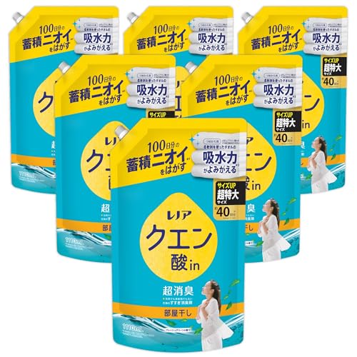 -/詰め替え 1110mL×6袋/-・PatternName:詰め替え 1110mL×6袋・パッケージ個数:1・香りでごまかさず、蓄積ニオイをはがし取る*！ *100日間、洗浄・使用しても蓄積するニオイ・洗剤でも漂白剤でも柔軟剤でもない、衣類のすすぎ消臭剤・何度も使っているタオル、スポーツウェア、肌着のニオイに気になるけれど、洗濯してもニオイが取れない。洗うだけで、生乾き・汗のニオイ癖一発リセット！臭いタオルも新品ニオイへ！・漂白剤なしでも一発消臭* *P&G調べ・ニオイの度合いで、落ち方の程度は異なります。・柔軟剤を使ったタオルの吸水力がよみがえる！* *P&G調べ。自社柔軟剤比。商品紹介 100日分の蓄積ニオイ*をはがす 生乾き・汗のニオイ癖一発リセット! 蓄積した生乾き臭にも 柔軟剤を使ったタオルの吸水力UP!*2 防臭パワー 肌にやさしい 漂白剤なしでも一発消臭*3 自然由来クエン酸配合 すすぎ一回でもOK *100日間、洗浄・使用しても蓄積するニオイ *2 P&G調べ。弊社柔軟剤比。*3 P&G調べ。ニオイの度合いで、落ち方の程度は異なります。 レノア クエン酸in 超消臭 衣類のすすぎ消臭剤 部屋干し フレッシュグリーンの香り 本体 430m 原材料・成分 消臭剤（クエン酸）、安定化剤、界面活性剤（ポリオキシエチレンアルキルエーテル）、pH調整剤、香料