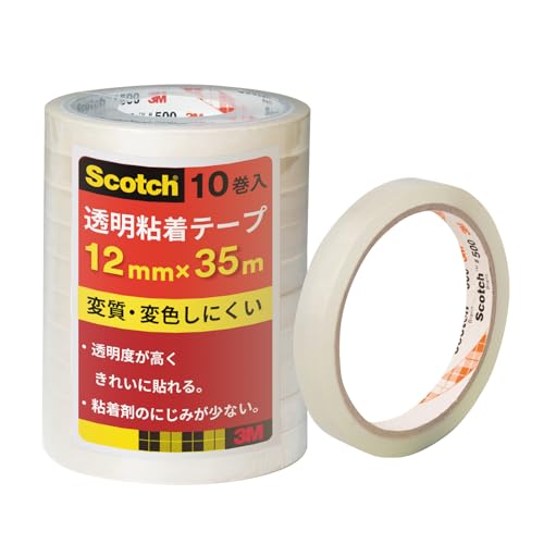 01.(12mm)×1個透明/12mm/500-3-1235-10P・Size:12mmStyle:01.(12mm)×1個・パッケージ個数:1・12mm×35m・入り数:10巻/1パック・巻芯径:76mm・素材: プラスチック変質・変色しにくい透明テープです。粘着剤のにじみが少なく、きれいに貼れます。巻芯には再生紙を使用。巻芯にプラスチック素材を不使用(分別廃棄不要)。