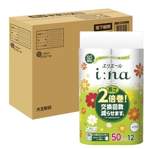 エリエール トイレットペーパー i:na(イーナ) 2倍巻き 50m×36ロール(12ロール×3パック) ダブル パルプ100% 華やぐフロー エリエール トイレットペーパー i:na(イーナ) 2倍巻き 50m×36ロール(12ロール×3パック) ダブル パルプ100% 華やぐフロー